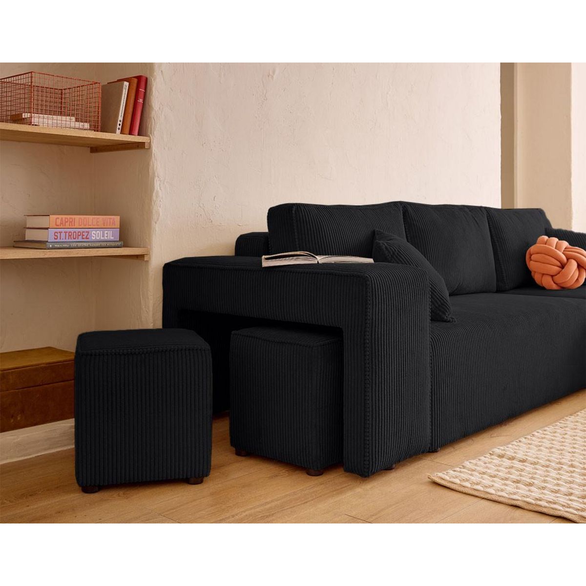 BEST MOBILIER Topaze - canapé d'angle réversible 4 places - convertible avec coffre, tablette et poufs - en velours côtelé