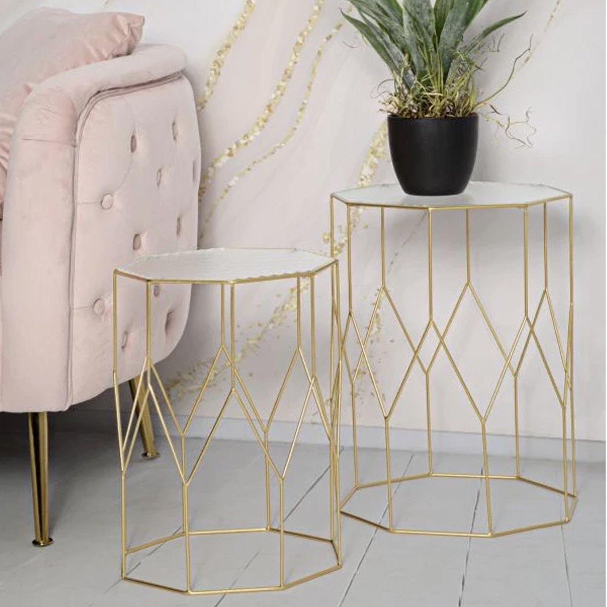 Voir la diapositive 5 : Paris Prix Lot de 2 Tables d'Appoint Octogonale  Glassy  47cm Or
