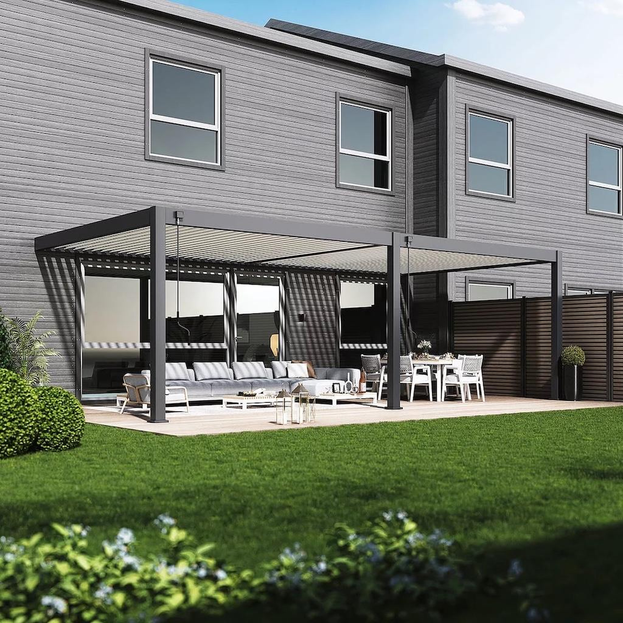 Chalet & jardin Pergola bioclimatique - Ombréa - adossée - 4x8M - Anthracite blanc - Version 2 - 400x800x258 cm