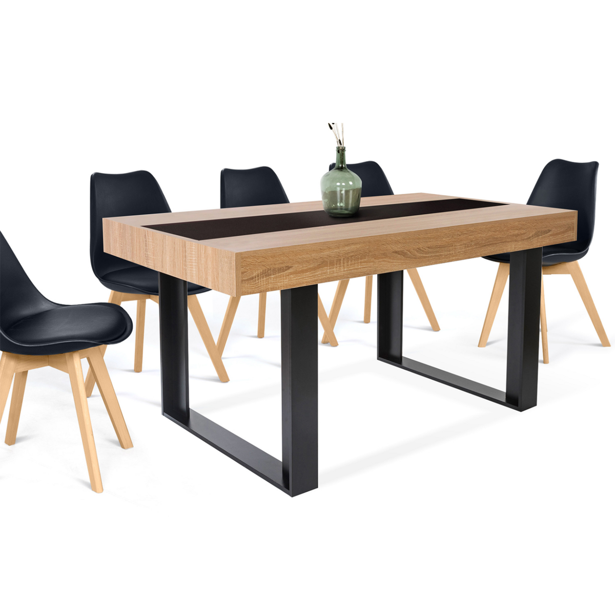ID MARKET Table à manger rectangle PHOENIX 6 personnes bois et noir bande centrale noire 160 cm