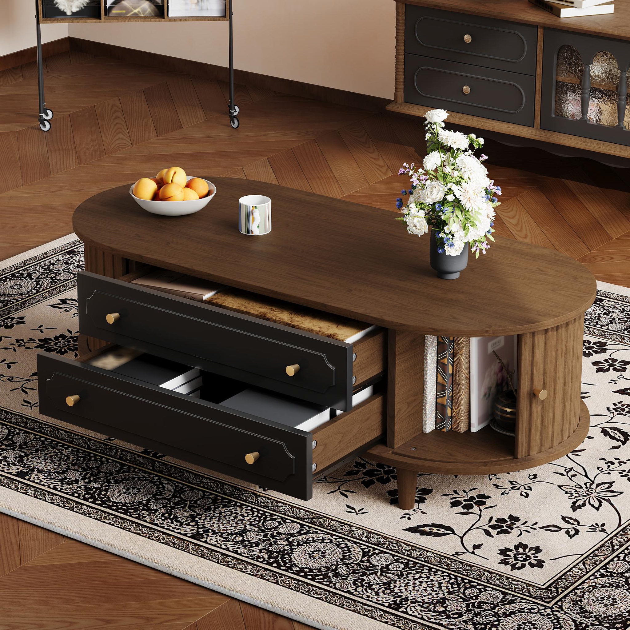 Voir la diapositive 2 : MERAX Table basse ovale noyer+noir avec 2 tiroirs - 50x100 cm panneau de particules