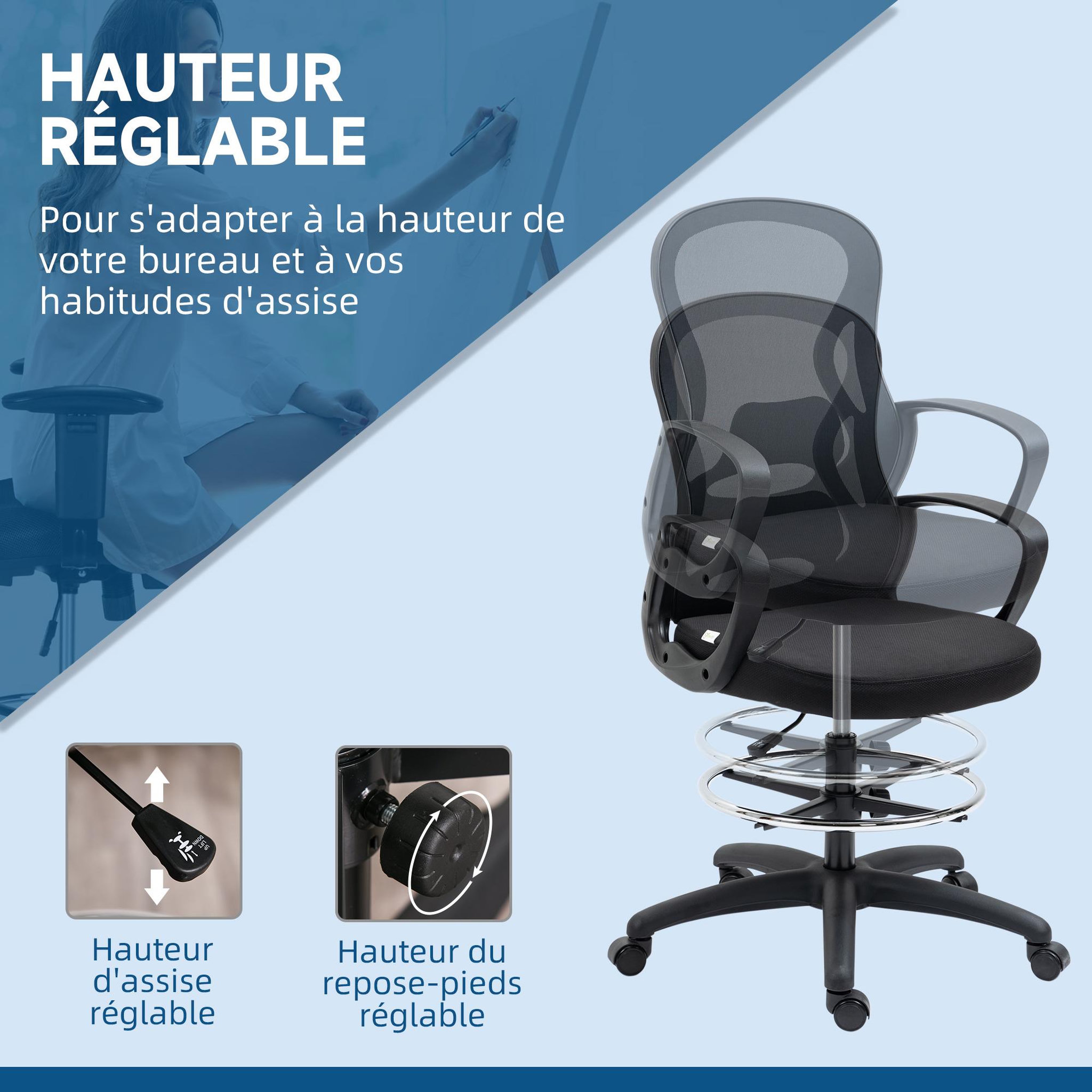 Voir la diapositive 4 : VINSETTO Fauteuil de bureau chaise de bureau assise haute réglable dim. 59L x 65l x 109-124H cm pivotant 360° maille respirante noir