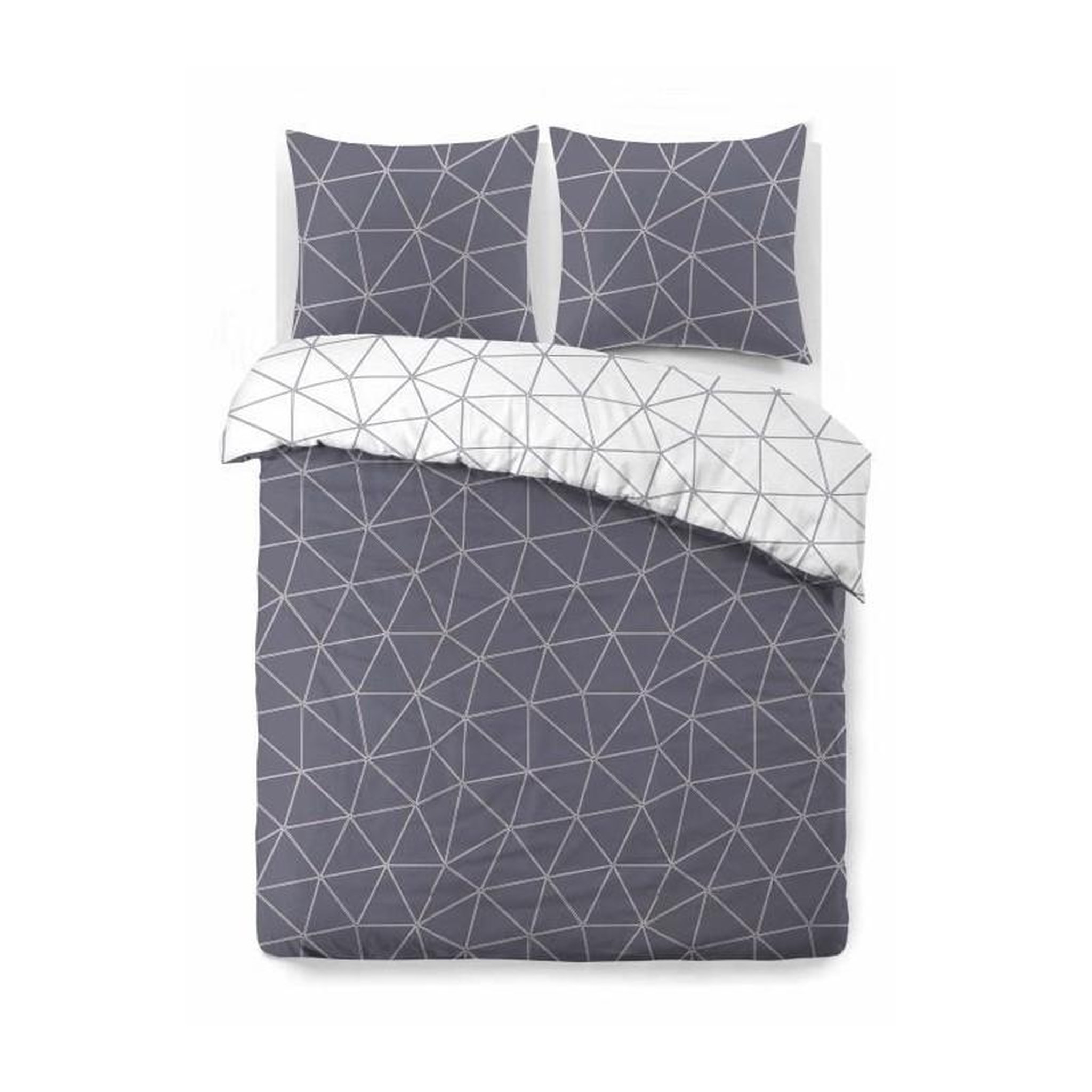 Voir la diapositive 3 : VISION VISION - Parure de lit HUGO gris réversible - 100%Coton - 1 housse de couette 200x200cm + 2 taies 65x65cm - Gris-blanc