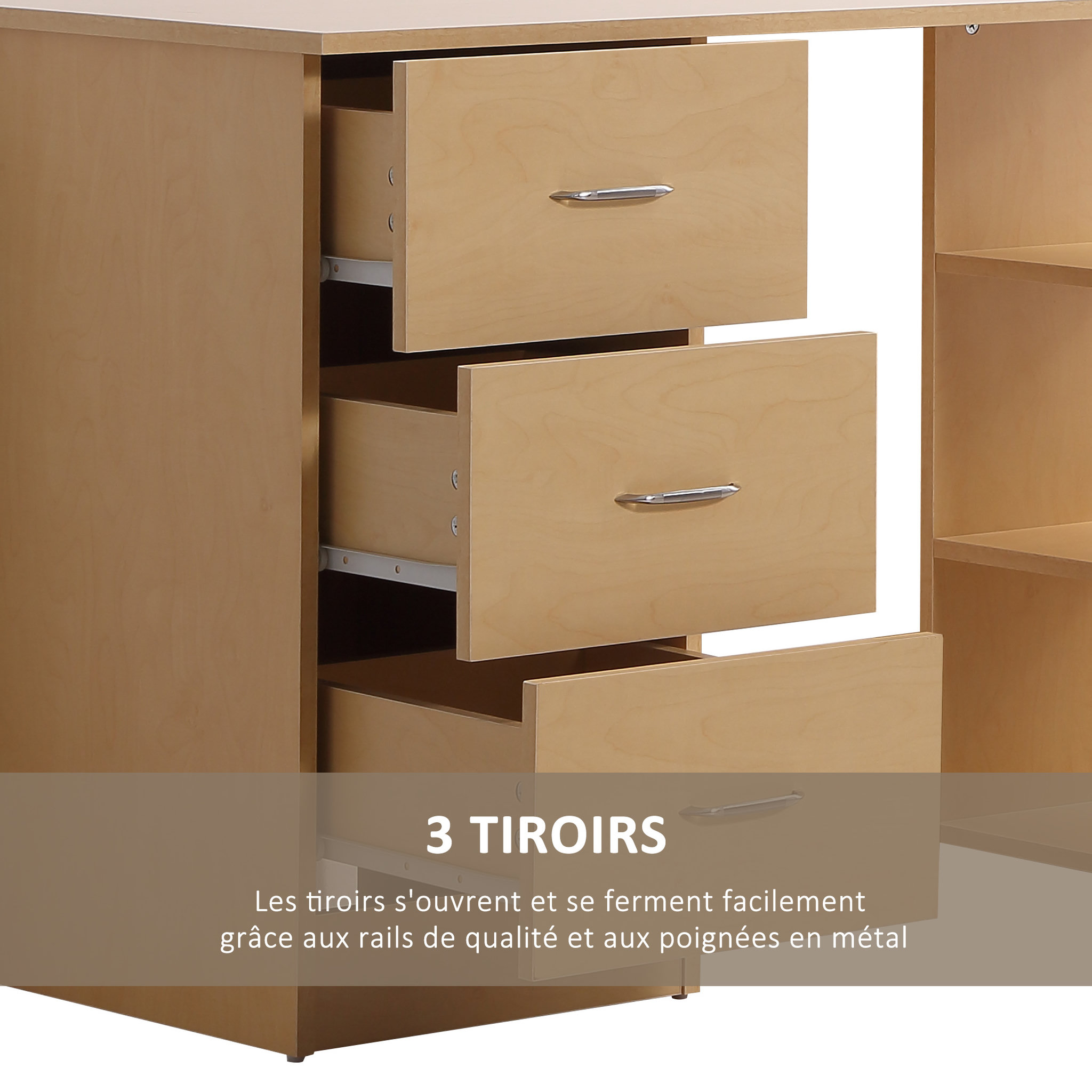 Voir la diapositive 5 : HOMCOM Bureau informatique table multi-fonctions 3 tiroirs 2 étagères dim. 120L x 49l x 72H cm MDF aspect bois clair