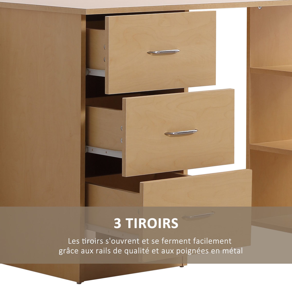 HOMCOM Bureau informatique table multi-fonctions 3 tiroirs 2 étagères dim. 120L x 49l x 72H cm MDF aspect bois clair