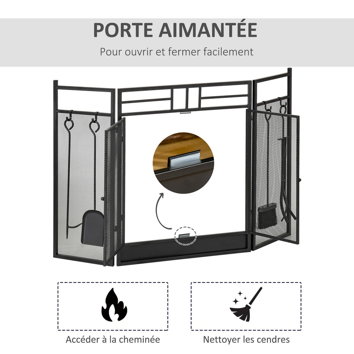 HOMCOM Pare-feu large pour cheminée ou poêle - pare-étincelles serviteur de cheminée 2 en 1 avec accessoires - 3 volets pliables et porte - acier métal noir