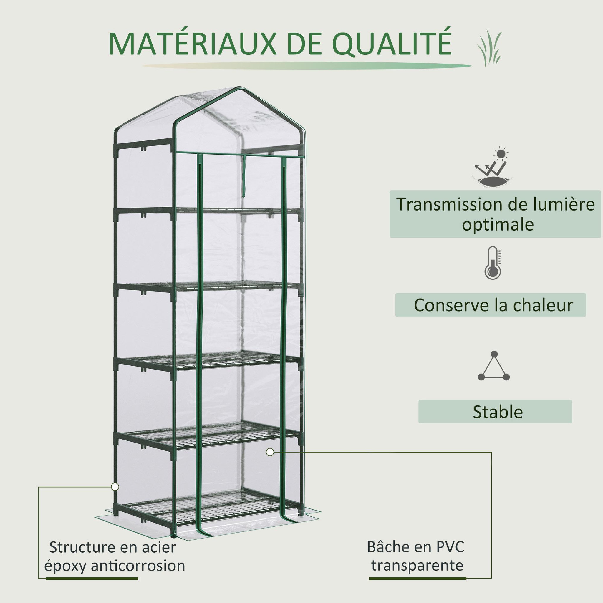 Voir la diapositive 4 : OUTSUNNY Serre de jardin balcon étagère serre 5 niveaux 0,69L x 0,49l x 1,93H m acier galvanisé bâche amovible PVC vert