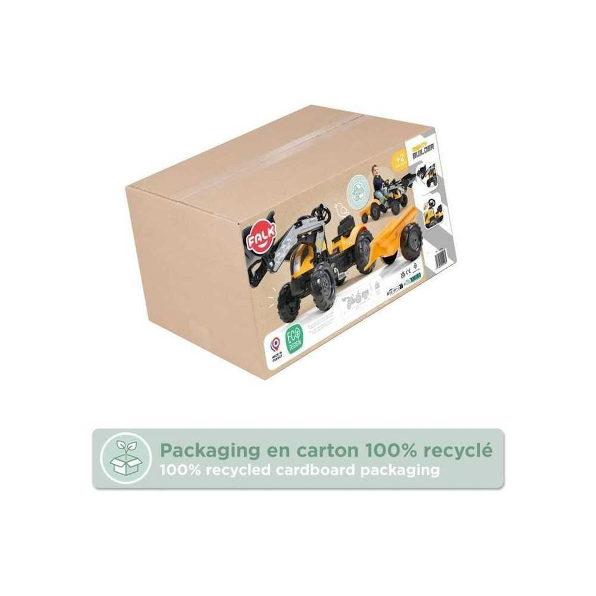 FALK Tractopelle a pédales Mighty Builder - FALK - Avec remorque - Jaune - 100% Fabriqué en France - 50% de plastique recyclé - De