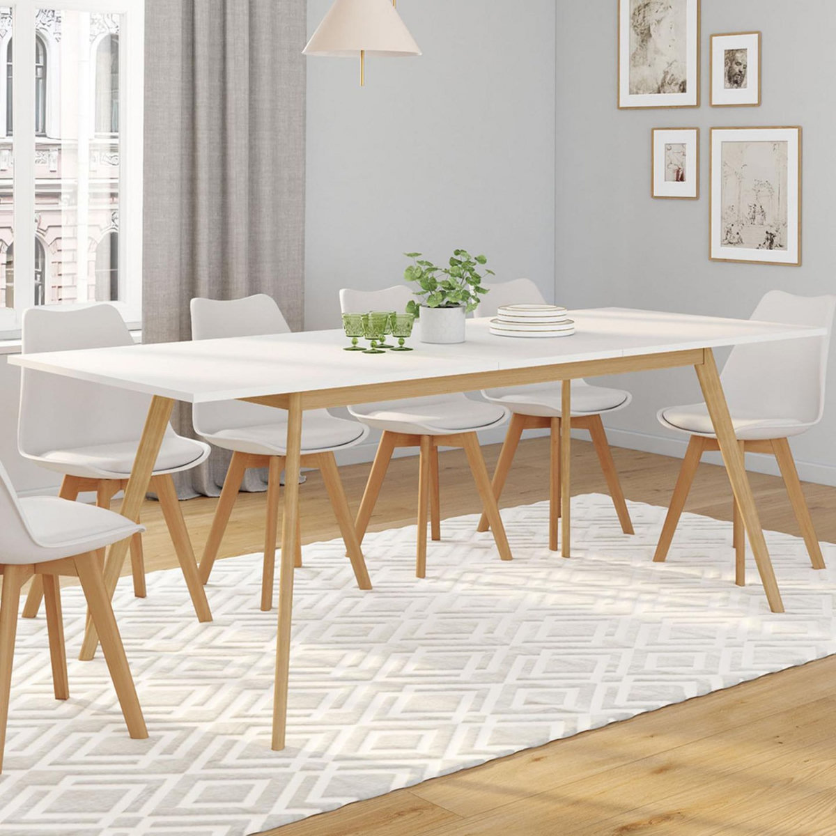 ID MARKET Ensemble table à manger extensible INGA 160-200 cm et 6 chaises SARA blanches design scandinave