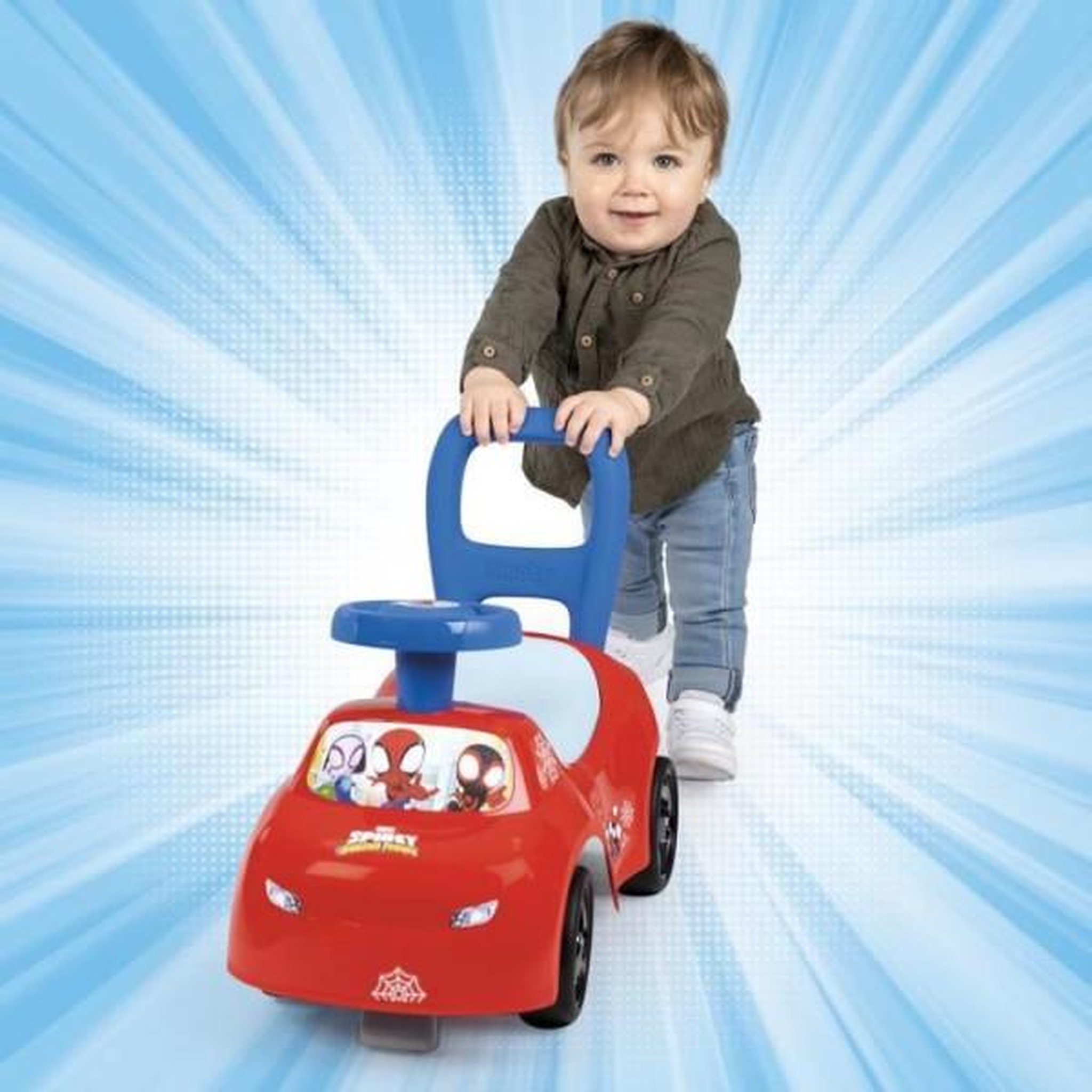 Voir la diapositive 4 : SMOBY Porteur trotteur smoby -  auto enfant 2 en 1 - spidey - coffre sous la selle - des 10 mois - fabrication française