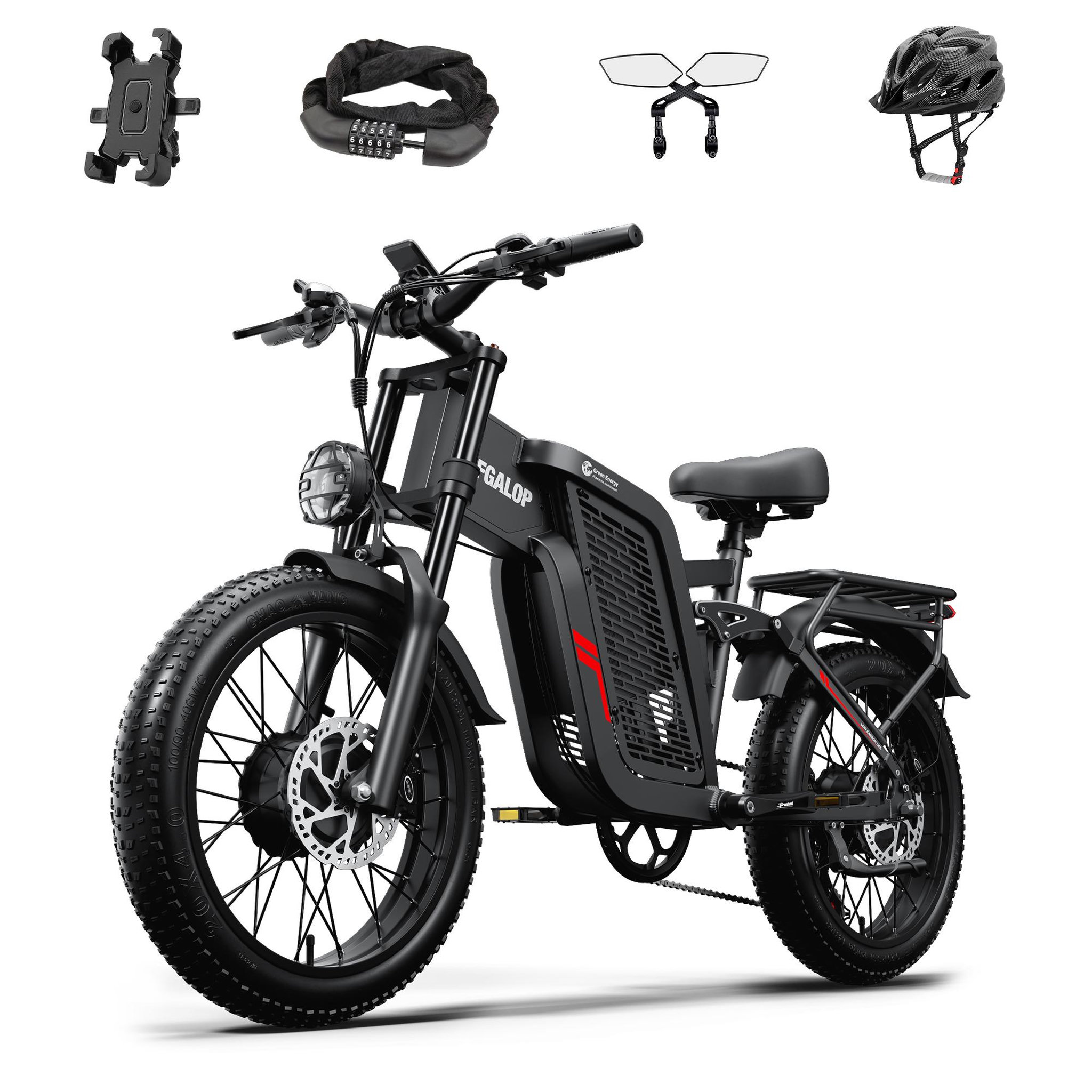 TIFGALOP VTT électrique Tifgalop F7 à double moteur, 20 pouces, batterie 52 V 24 Ah, pneu large