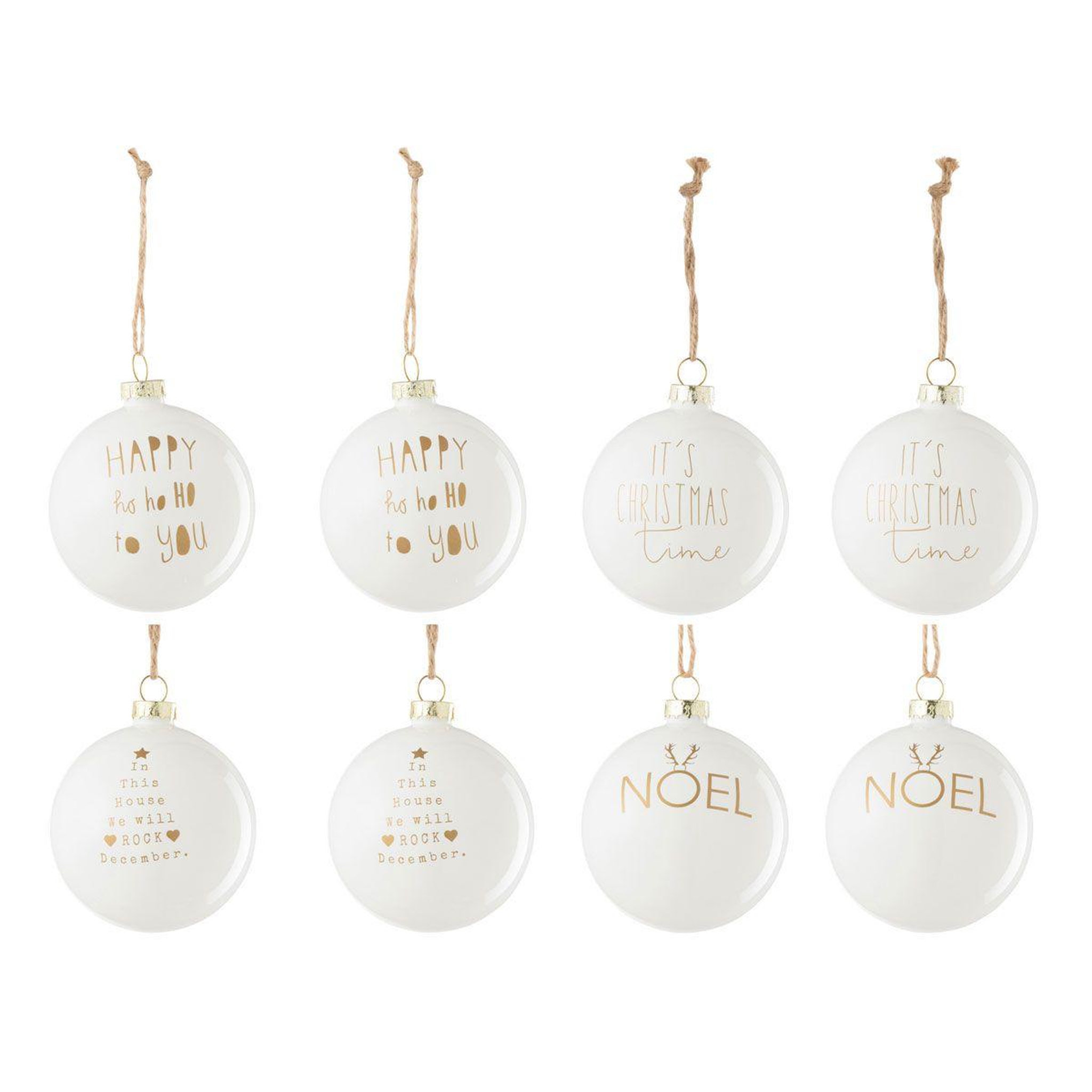 J-LINE Lot de 8 boules de noël  texte  8cm blanc & or