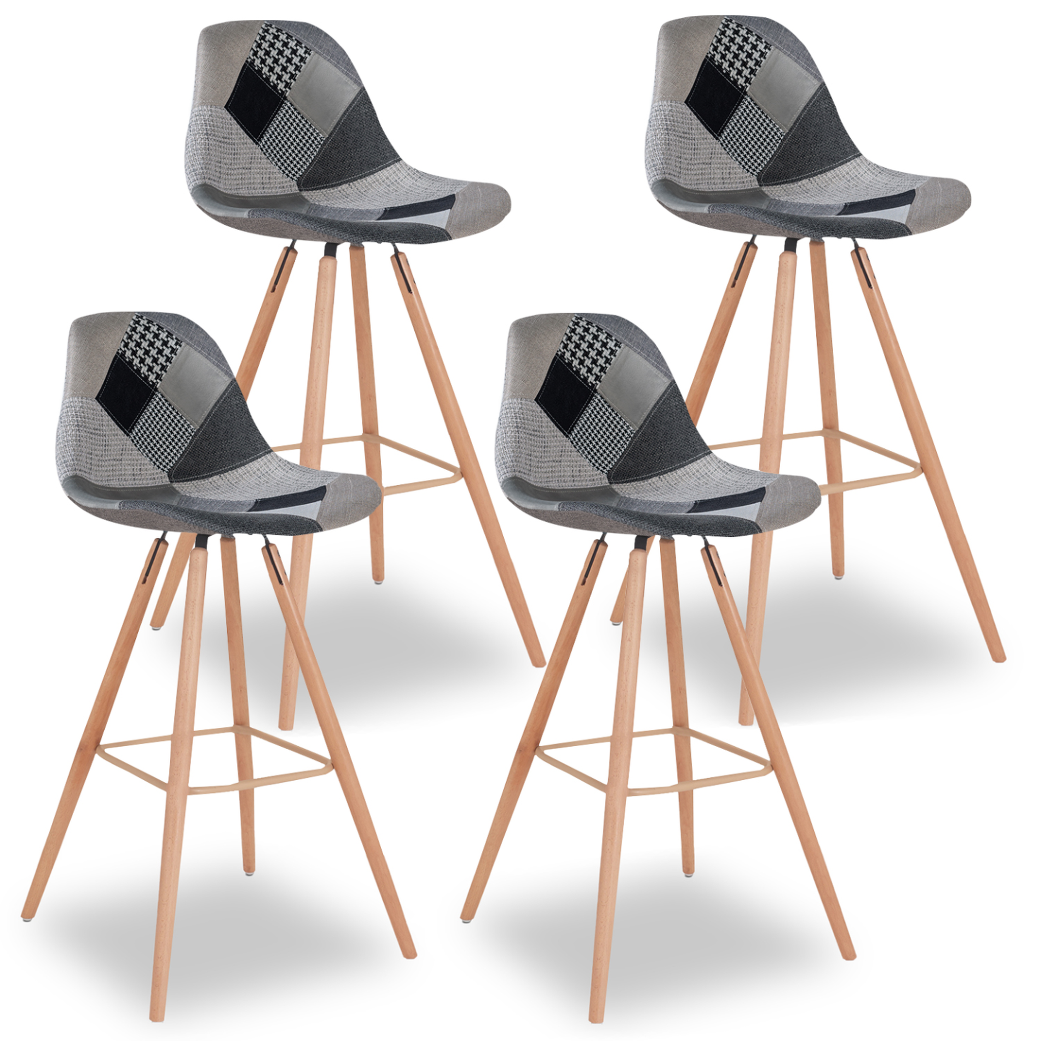 ID MARKET Lot de 4 tabourets de bar sara motifs patchworks noirs, gris et blancs