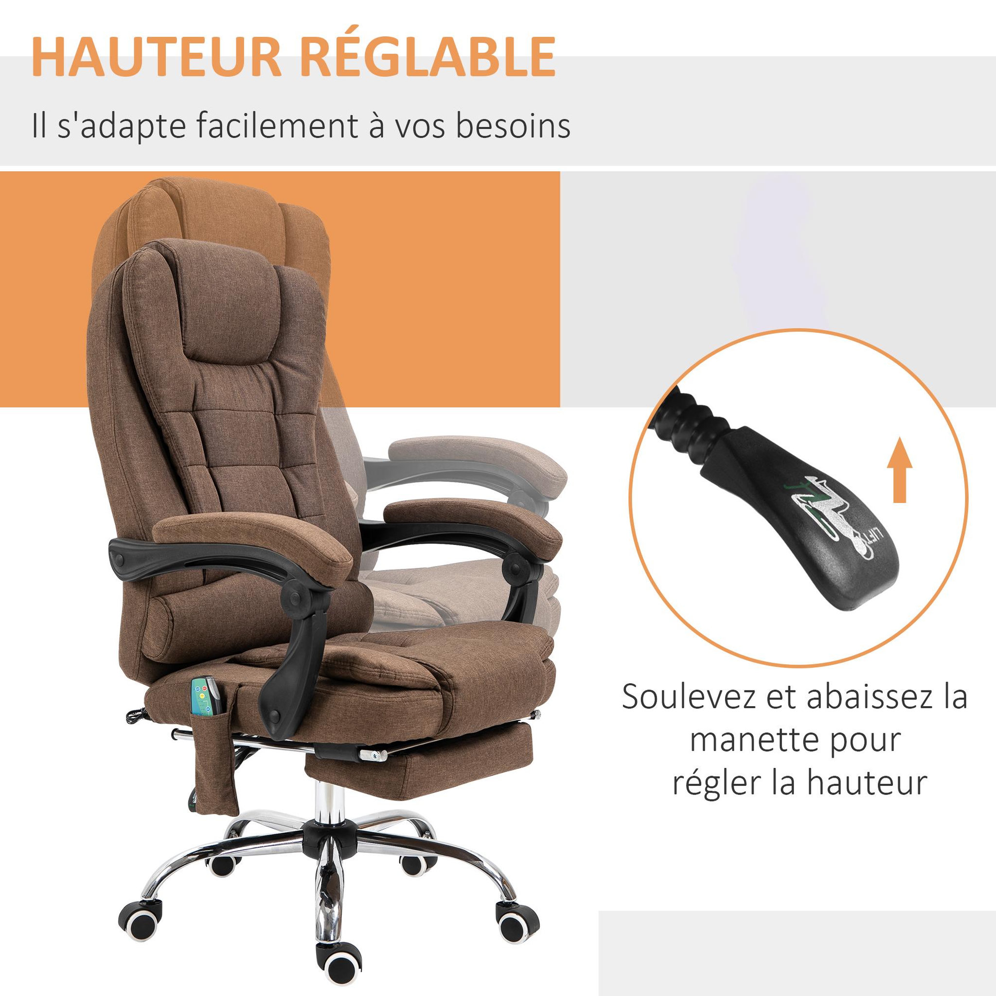 Voir la diapositive 6 : VINSETTO Fauteuil de bureau direction massant chauffant hauteur réglable dossier inclinable tissu aspect lin marron