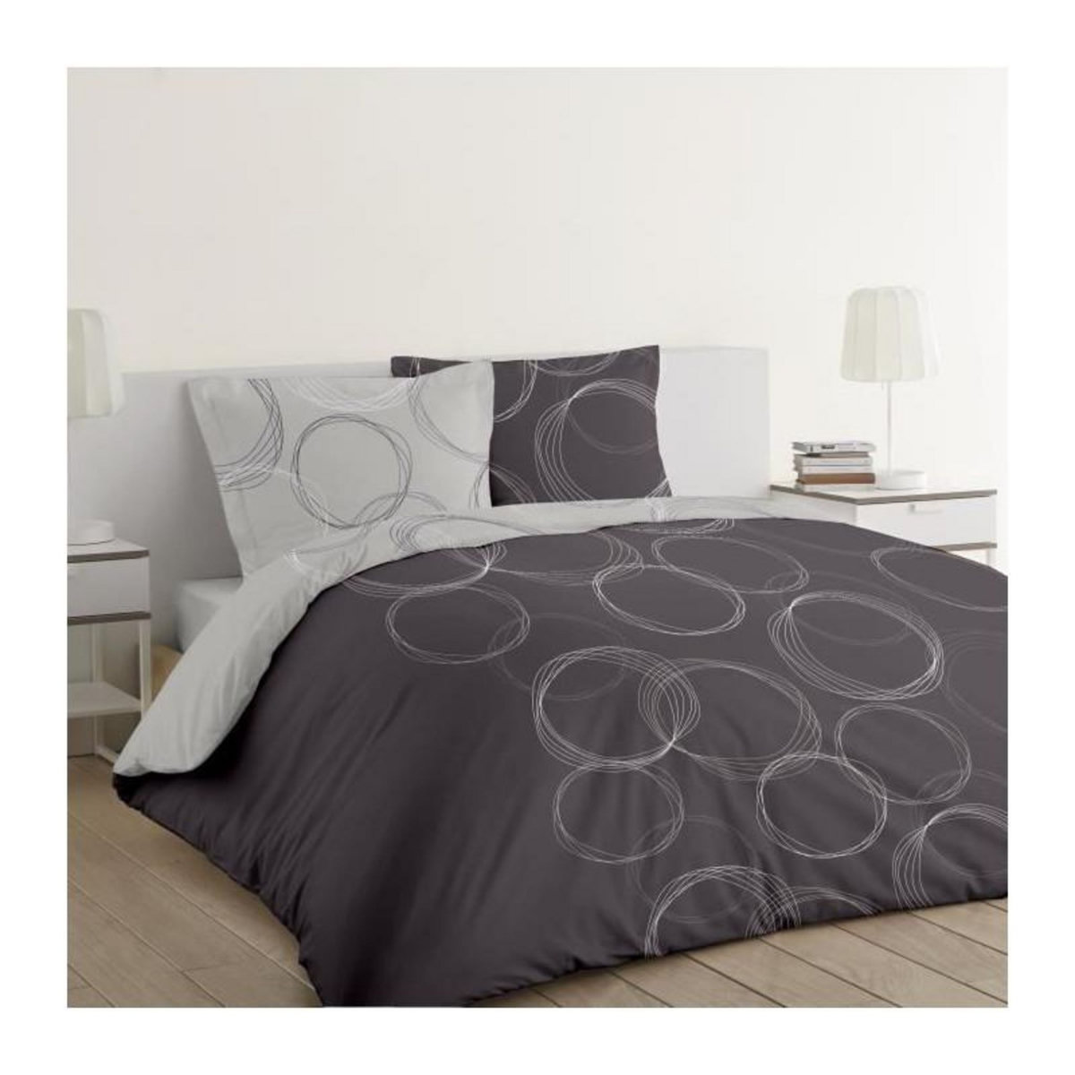 VISION VISION Parure de couette Lenny - 100% coton - 1 housse de couette 260 x 240 cm + 2 taies 65 x 65 cm - Gris anthracite