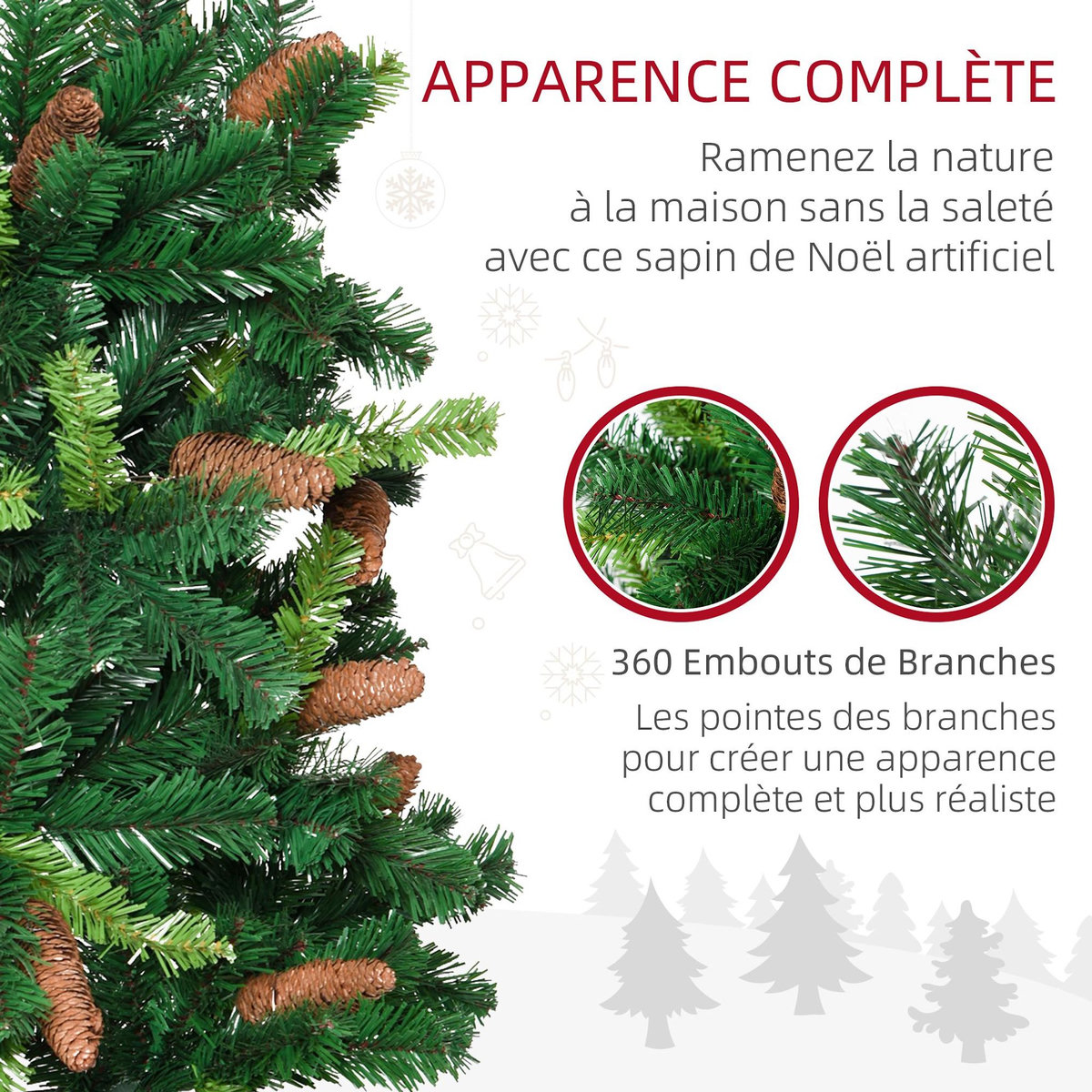 HOMCOM Sapin de Noël artificiel aspect réaliste Ø 60 x 150H cm 24 pommes de pin 360 branches imitation Nordmann