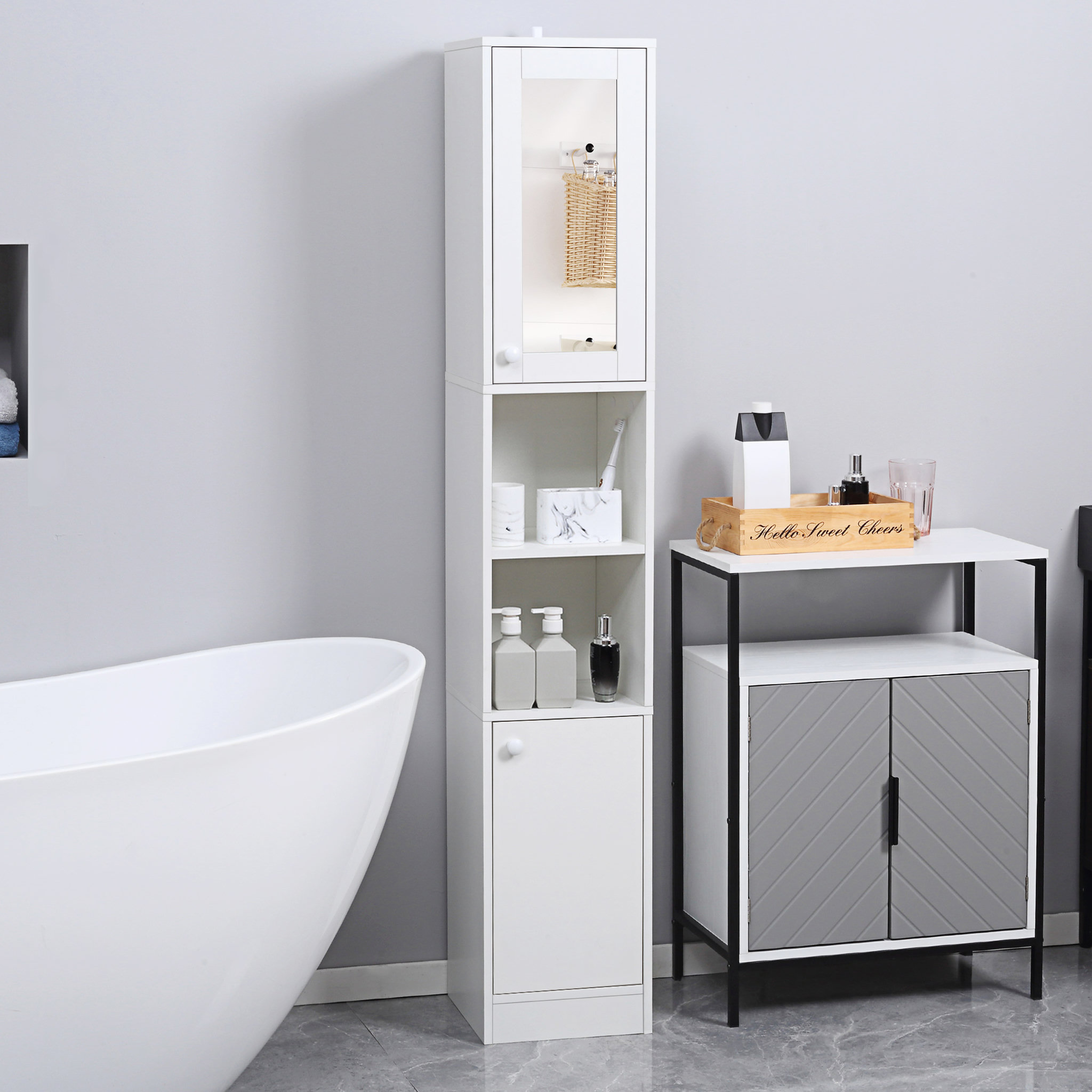 Voir la diapositive 2 : KLEANKIN Meuble colonne de salle de bain 2 portes avec étagères réglables 2 niches miroir panneaux particules blanc