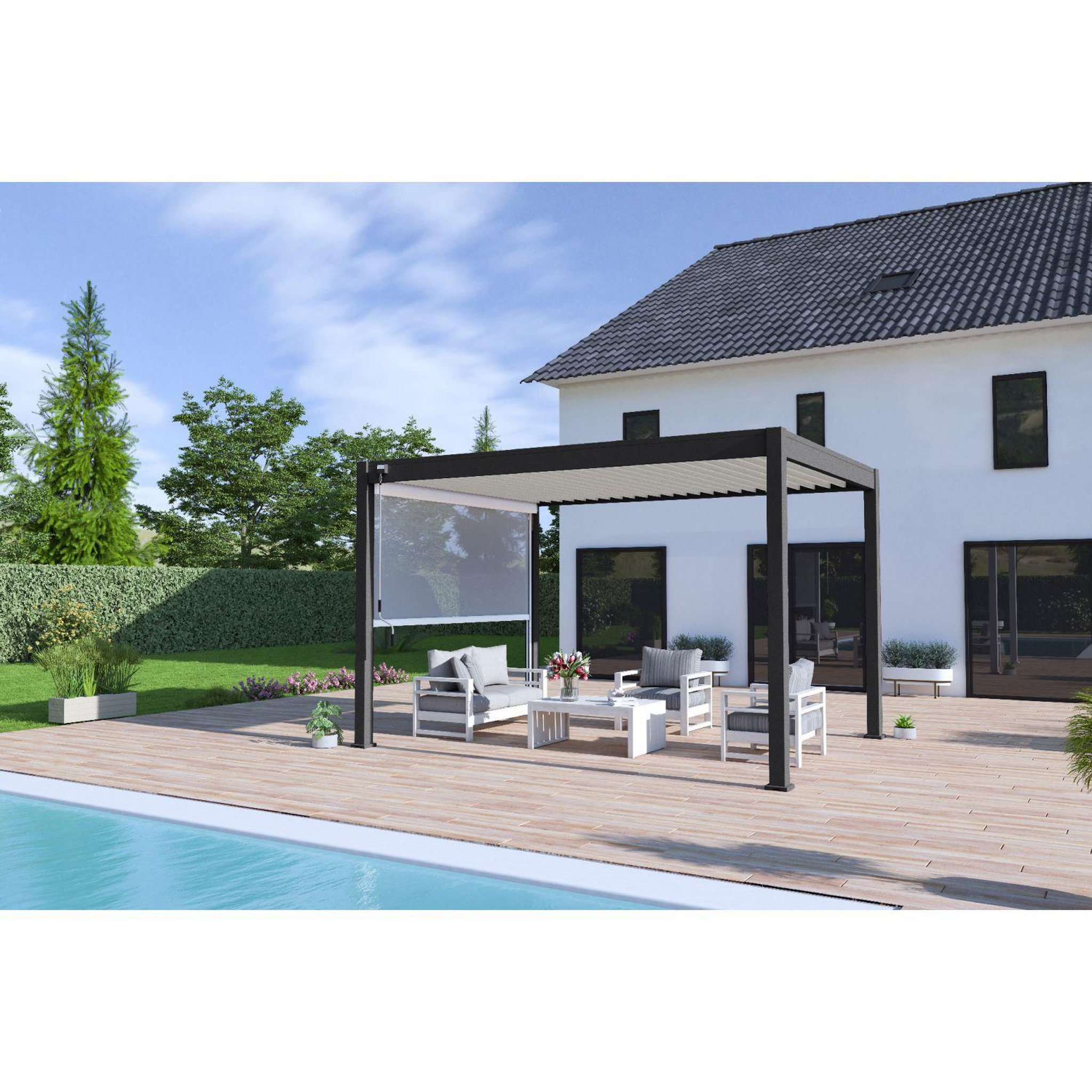 Voir la diapositive 2 : Pergola Bioclimatique autoportée  3X4 m - Aluminium - Noir charbon/blanc - VS OmBREA®