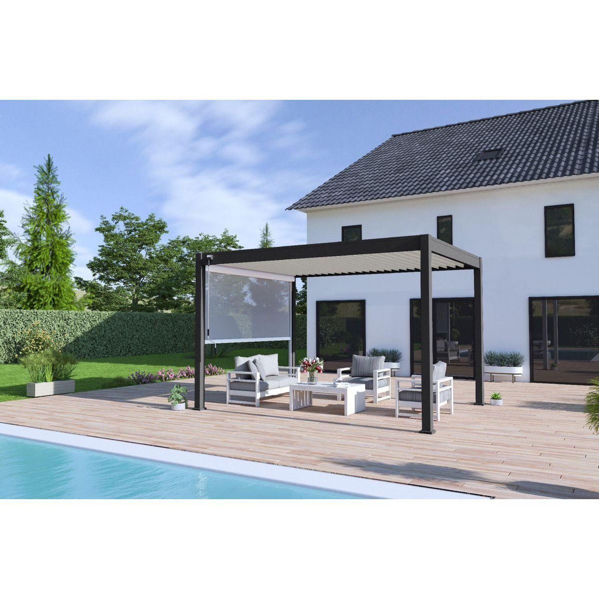 Pergola Bioclimatique autoportée  3X4 m - Aluminium - Noir charbon/blanc - VS OmBREA®