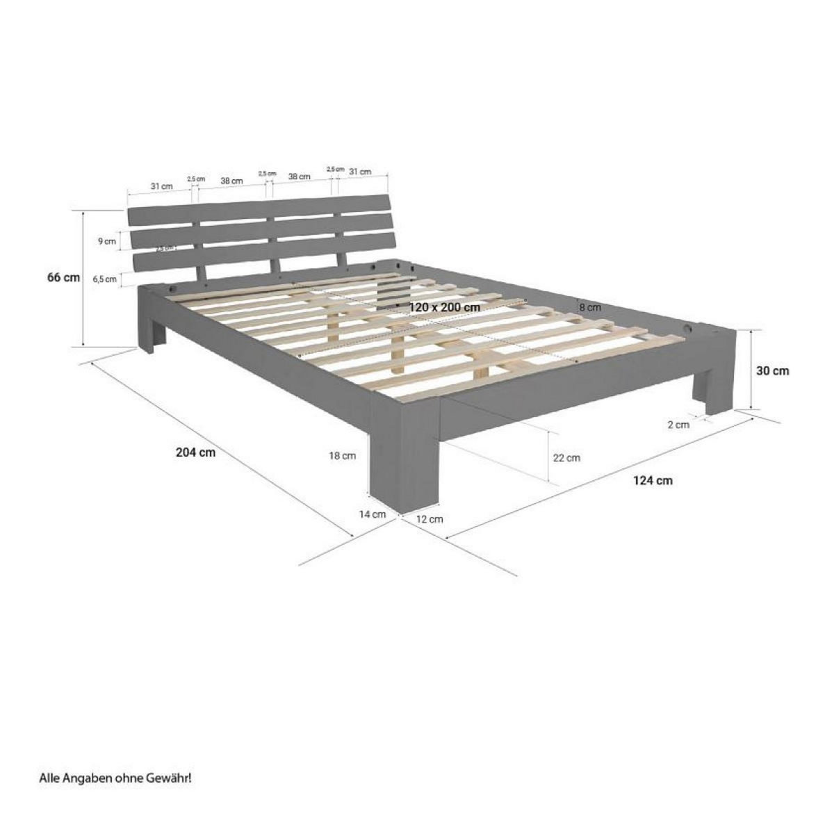 HomeStyle4U Lit double avec matelas sommier à lattes gris 120x200