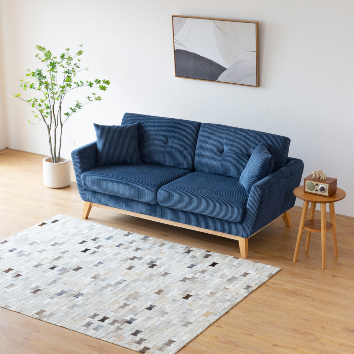 CONCEPT USINE Canapé scandinave 3 places en velours côtelé bleu HOGA