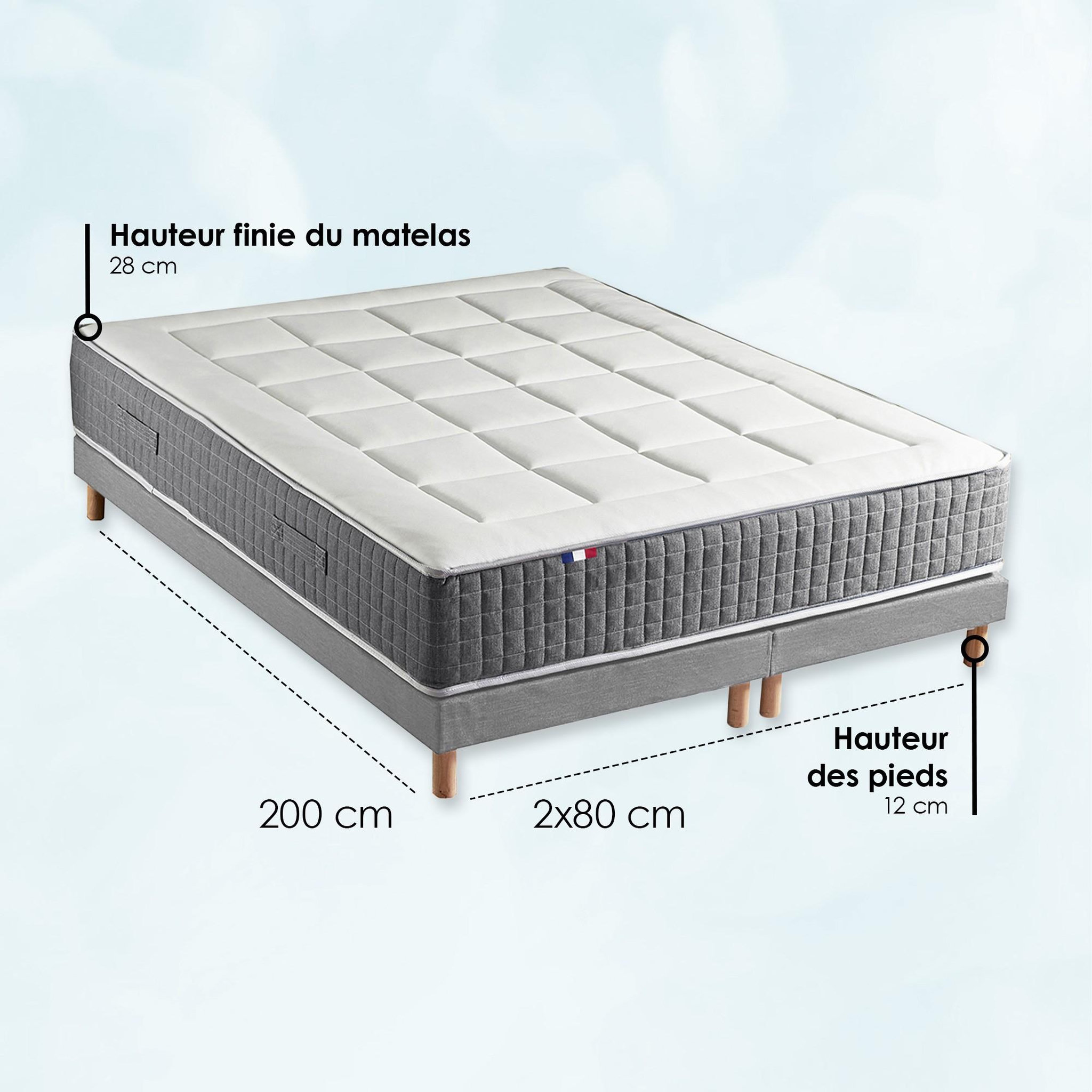 Voir la diapositive 5 : IDLITERIE Ensemble Matelas Ressort 7 zones H.28cm + Sommier Fabriqué en France MAX