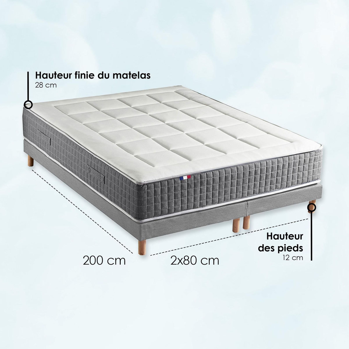 IDLITERIE Ensemble Matelas Ressort 7 zones H.28cm + Sommier Fabriqué en France MAX