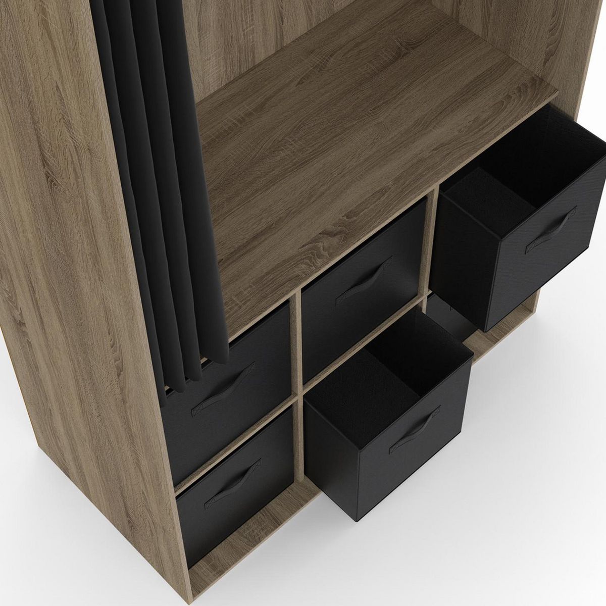 ID MARKET Dressing penderie DIANE 104 x 50 x 172 cm hêtre avec 6 boites de rangement + rideau noir