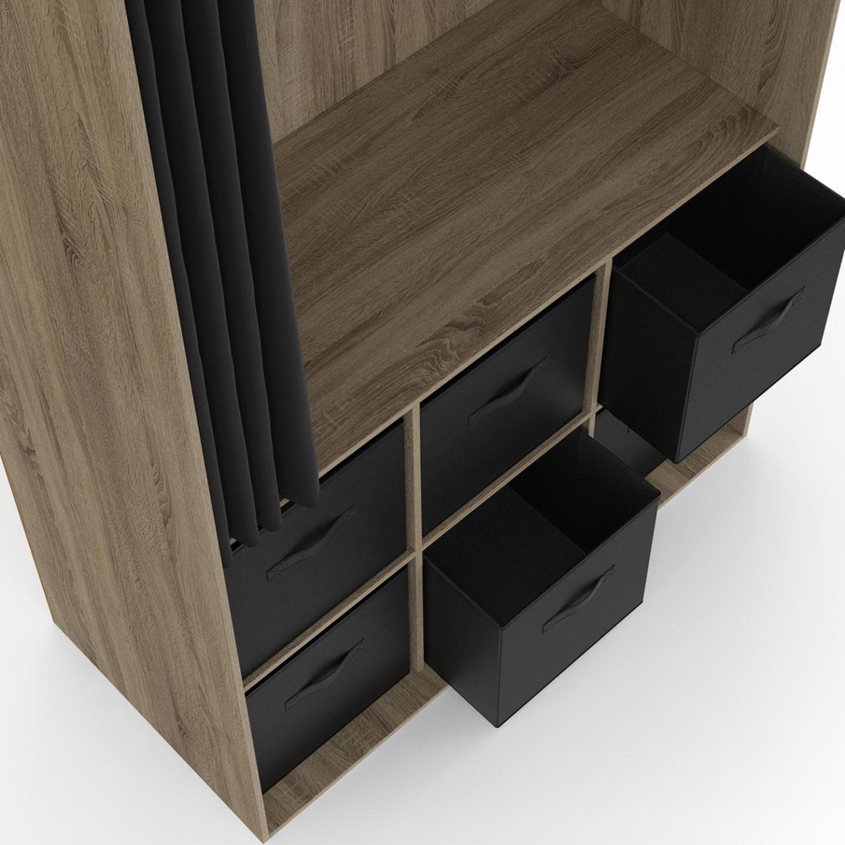 ID MARKET Dressing penderie DIANE 104 x 50 x 172 cm hêtre avec 6 boites de rangement + rideau noir