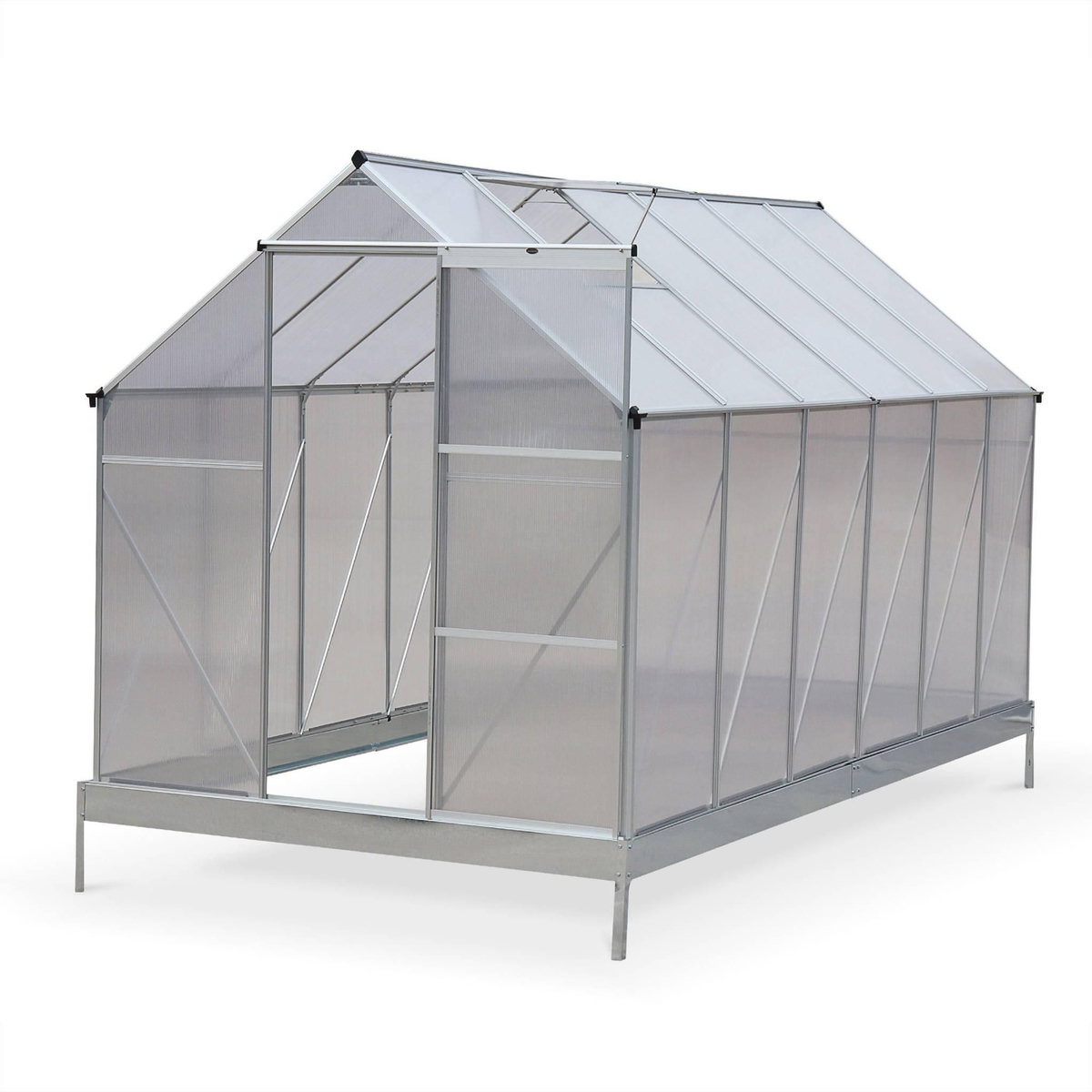 SWEEEK Serre de jardin Sapin en polycarbonate 7m² avec base. 2 lucarnes de toit. gouttière.  Polycarbonate 4mm