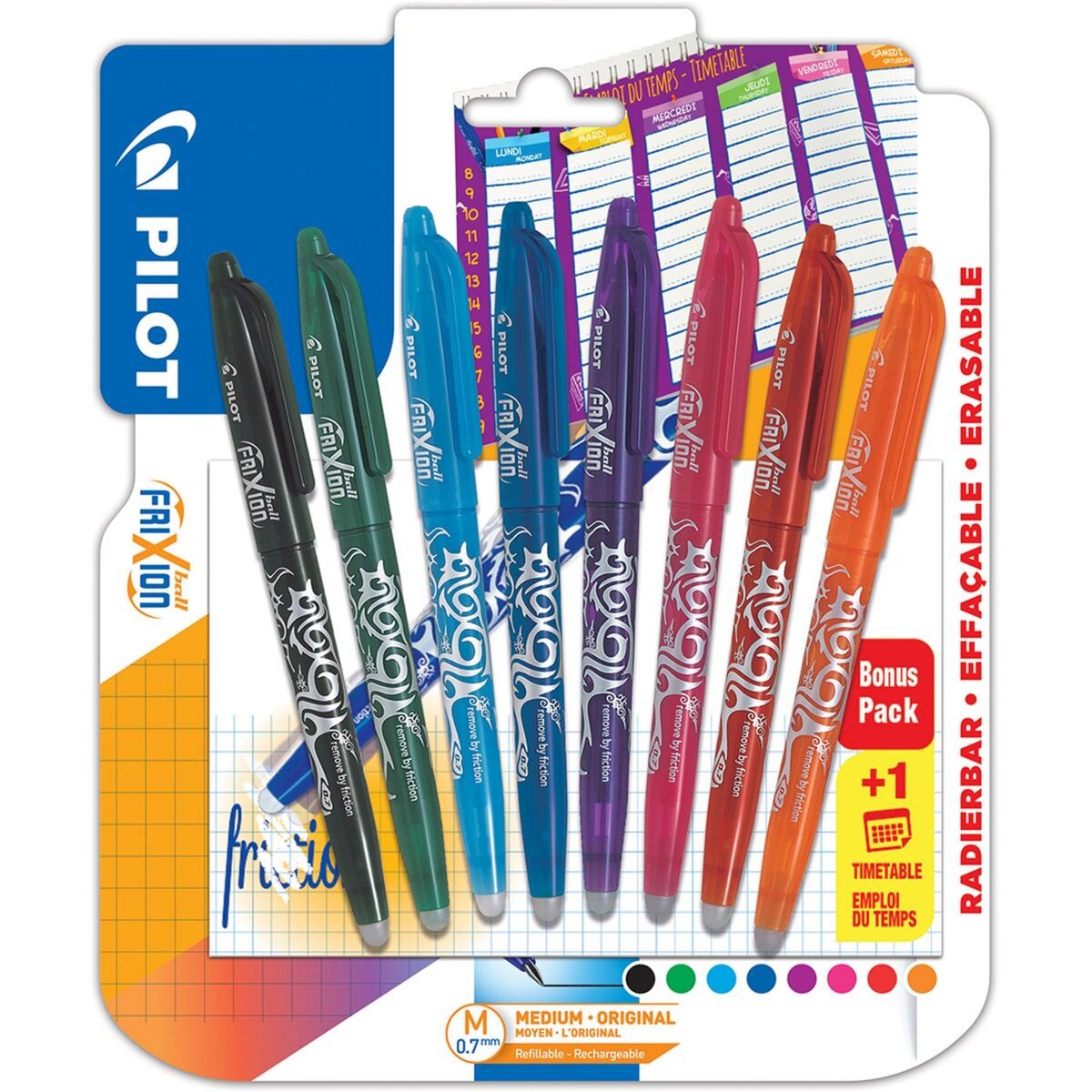 PILOT Lot de 8 stylos effaçables pointe moyenne noir/vert/bleu clair/bleu /violet/rose/rouge/orange FriXion Ball + 1 emploi du temps pas cher 