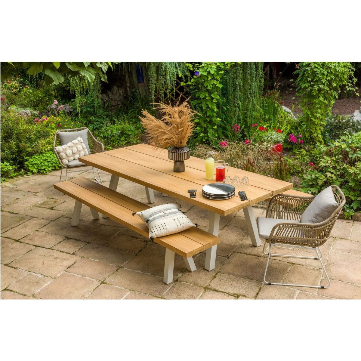 JARDILINE Salon de jardin - 10 places - Aluminium/Bois - Blanc/Naturel - SEYCHELLE