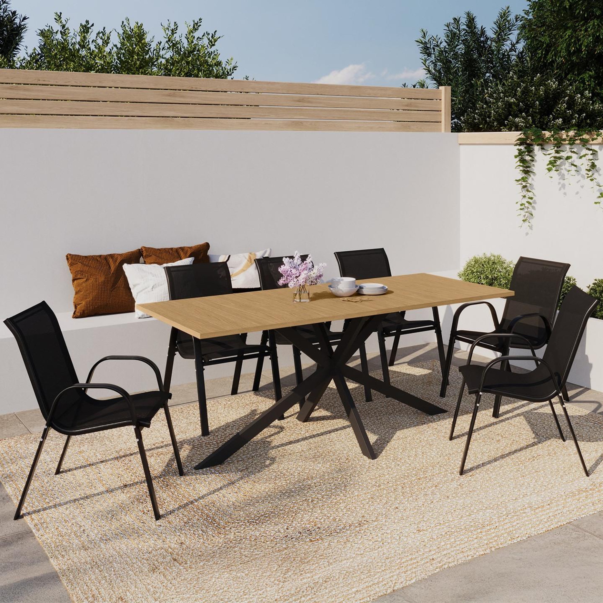 Voir la diapositive 2 : ID MARKET Salon de jardin messina table 190 cm pied araignée plateau métal effet bois et 8 chaises empilables noires