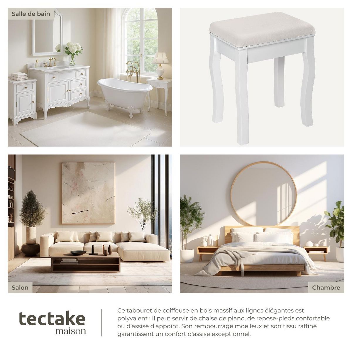 tectake Tabouret pour coiffeuse table de maquillage au look vintage blanc