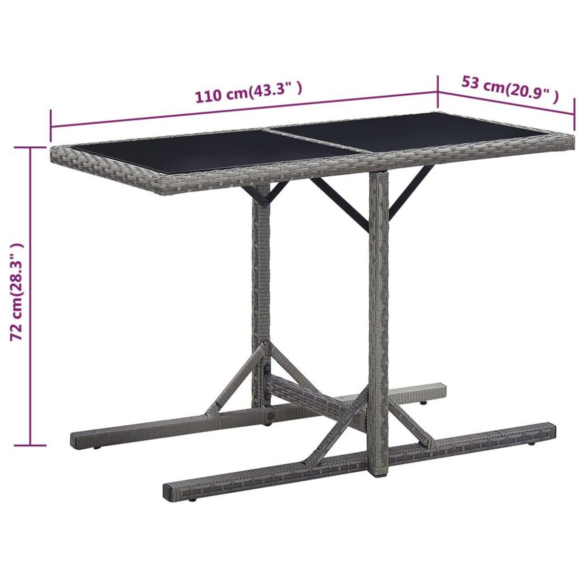 VIDAXL Table de jardin Anthracite 110x53x72 cm Verre et resine tressee