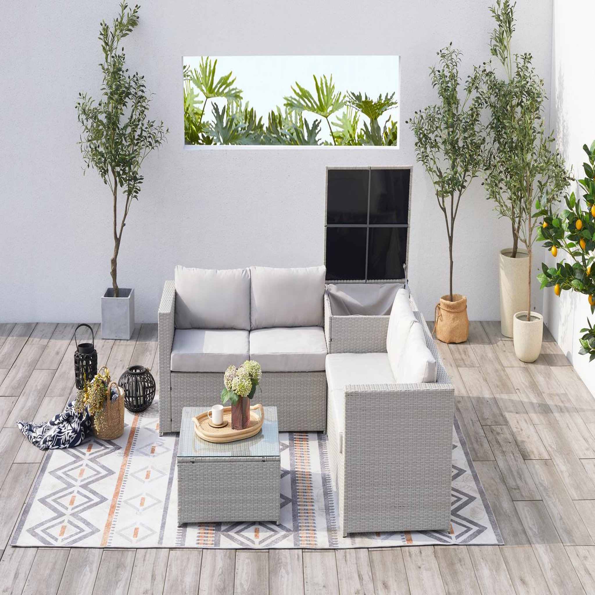 Voir la diapositive 3 : CONCEPT USINE Salon de jardin en résine tressée 4 places avec coffre gris clair silang