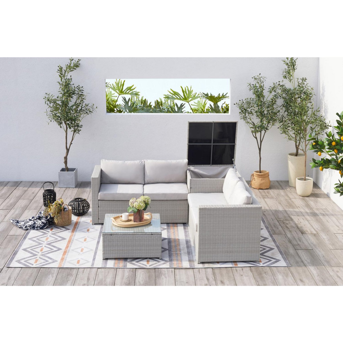 CONCEPT USINE Salon de jardin en résine tressée 4 places avec coffre gris clair SILANG