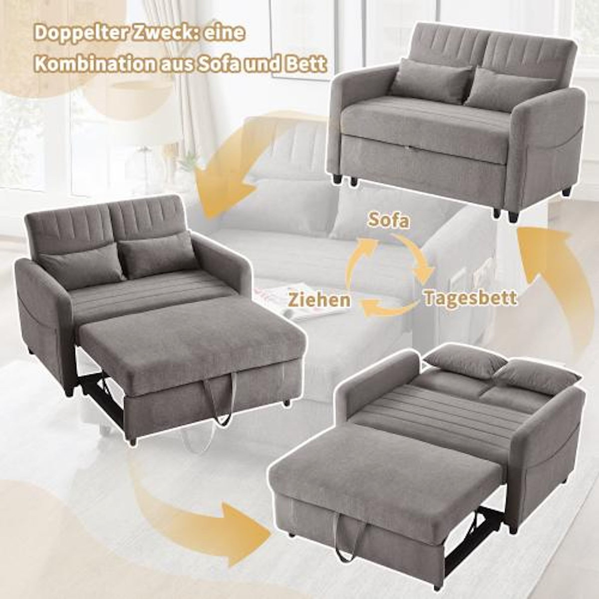 MERAX Canapé droit convertible 2 places coton et lin