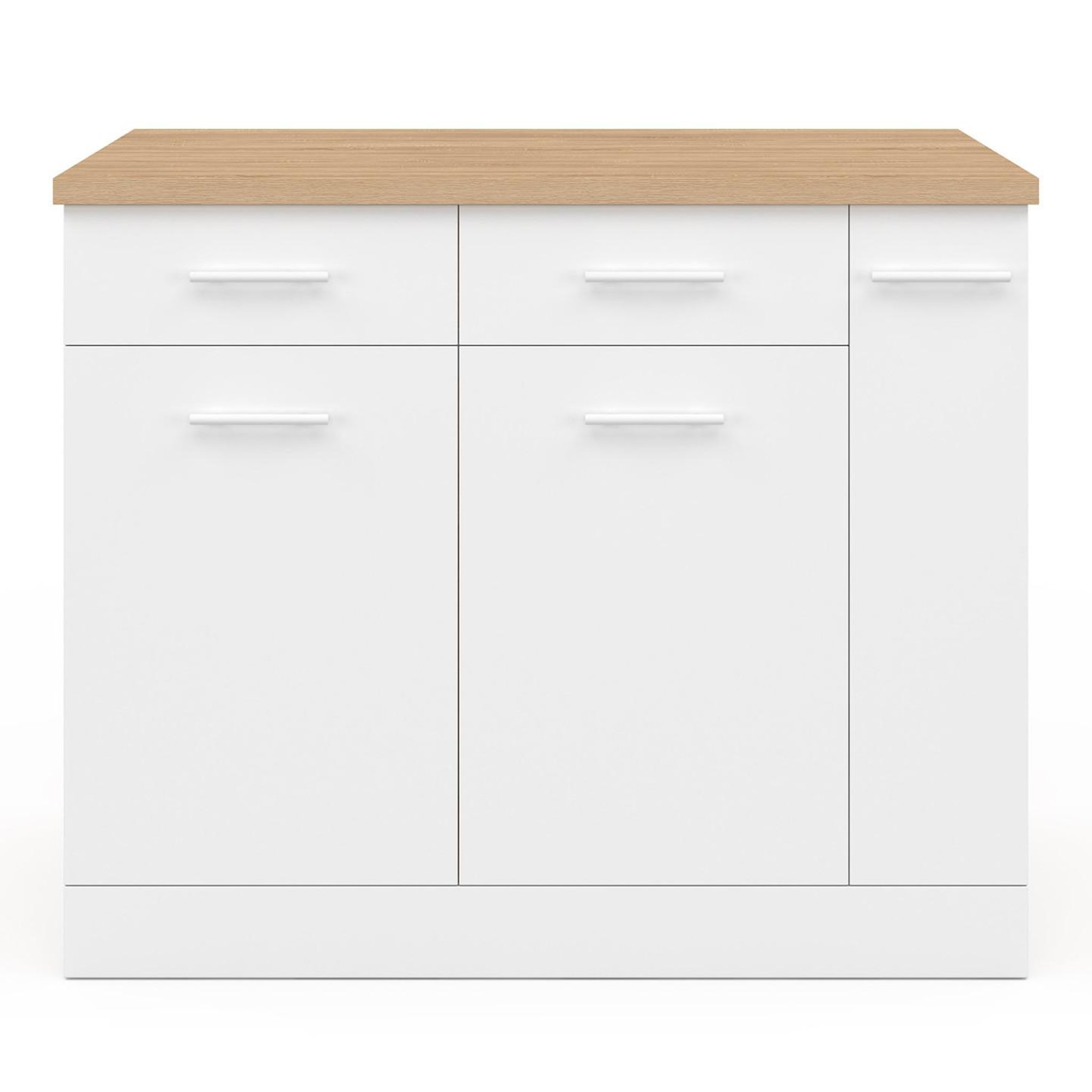Voir la diapositive 3 : ID MARKET Ilot central alto portes avec rangements, tiroirs, rangement coulissant et plan de travail façon hêtre et blanc