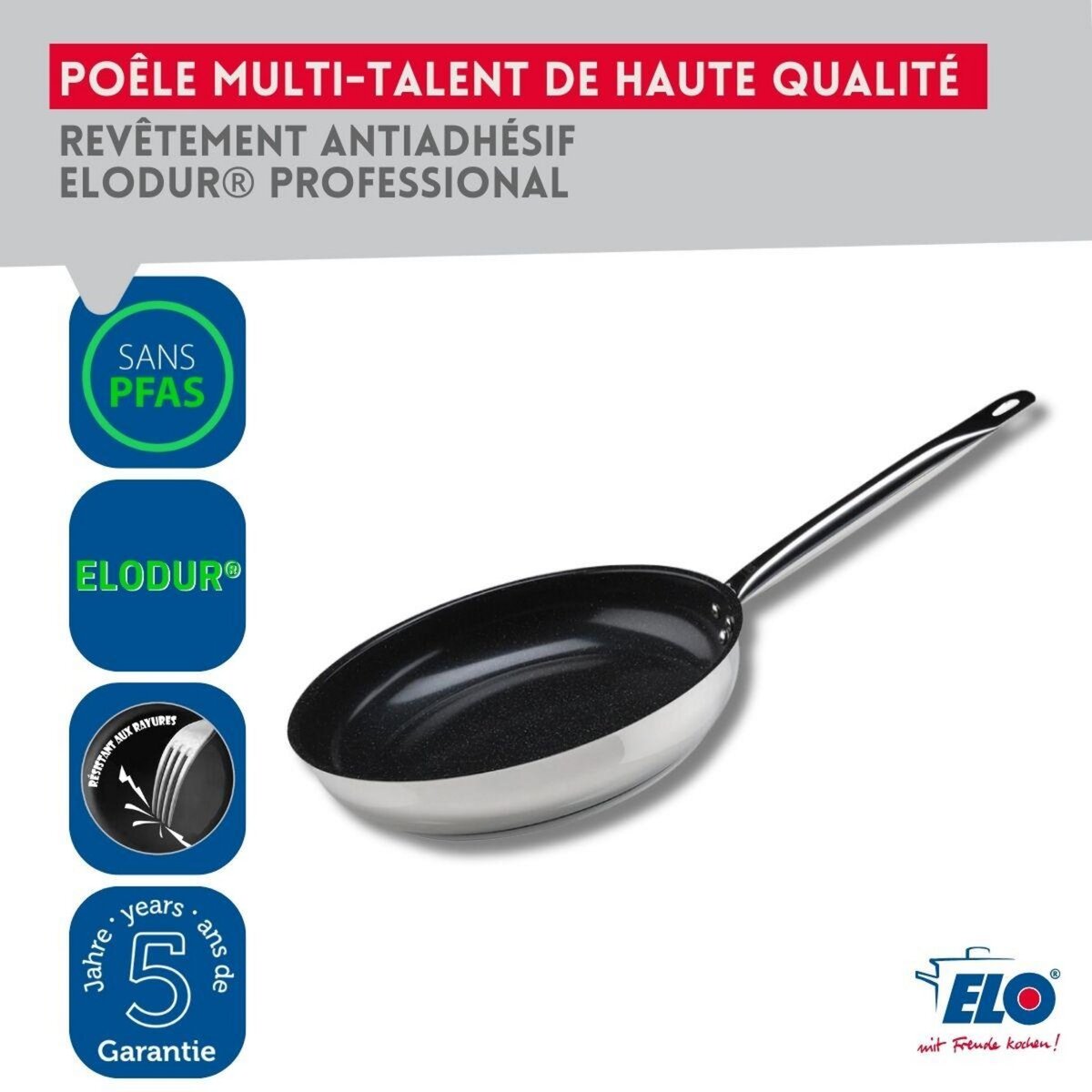 ELO Set Poêle 28 cm céramique sans PFAS et couvercle Profi Therm Platinum Elo