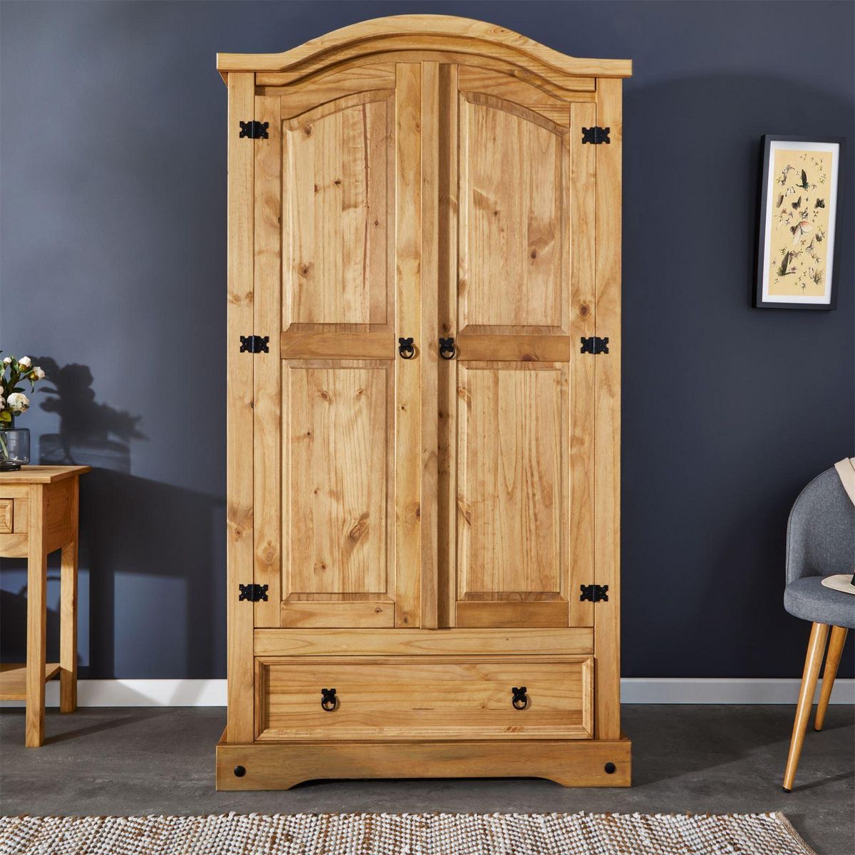 IDIMEX Armoire SALSA penderie pour vêtements style mexicain avec 2 portes 1 étagère 1 tiroir, en pin massif finition teintée/cirée