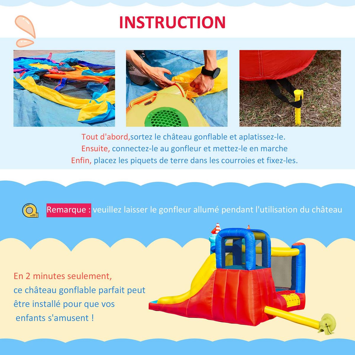 OUTSUNNY Château gonflable enfant - toboggan, trampoline, piscine, mur d'escalade - gonfleur, sac de transport inclus - dim. 2,65L x 2,6l x 2H m - polyester multicolore