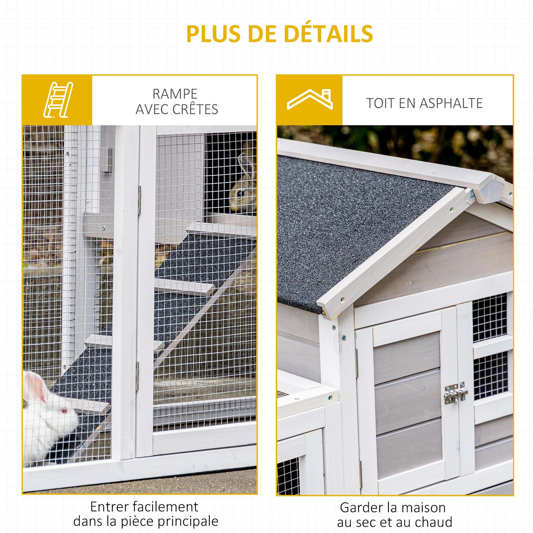 Voir la diapositive 4 : PAWHUT Clapier cage à lapins cottage - niche supérieure avec rampe et enclos extérieur - plateau excrément, toit bitumé, 4 portes verrouillables - bois sapin blanc gris