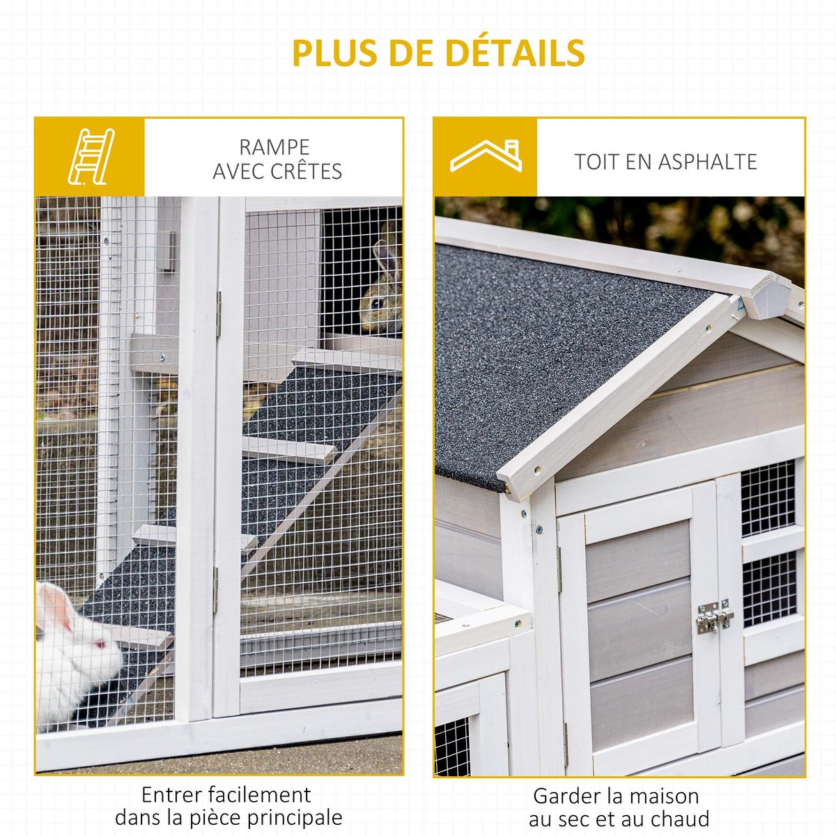 PAWHUT Clapier cage à lapins cottage - niche supérieure avec rampe et enclos extérieur - plateau excrément, toit bitumé, 4 portes verrouillables - bois sapin blanc gris