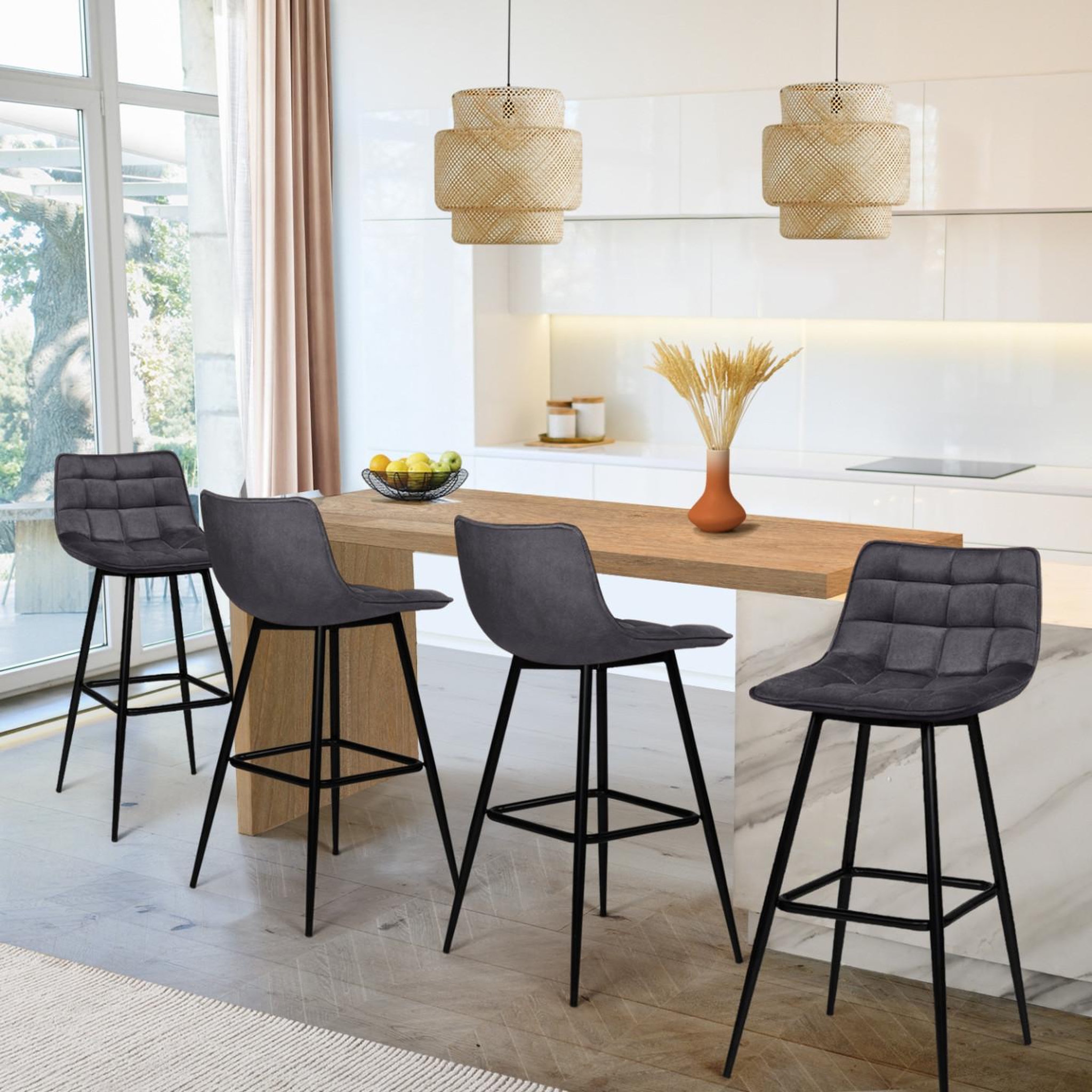 Voir la diapositive 2 : ID MARKET Lot de 4 tabourets de bar mady en velours gris foncé
