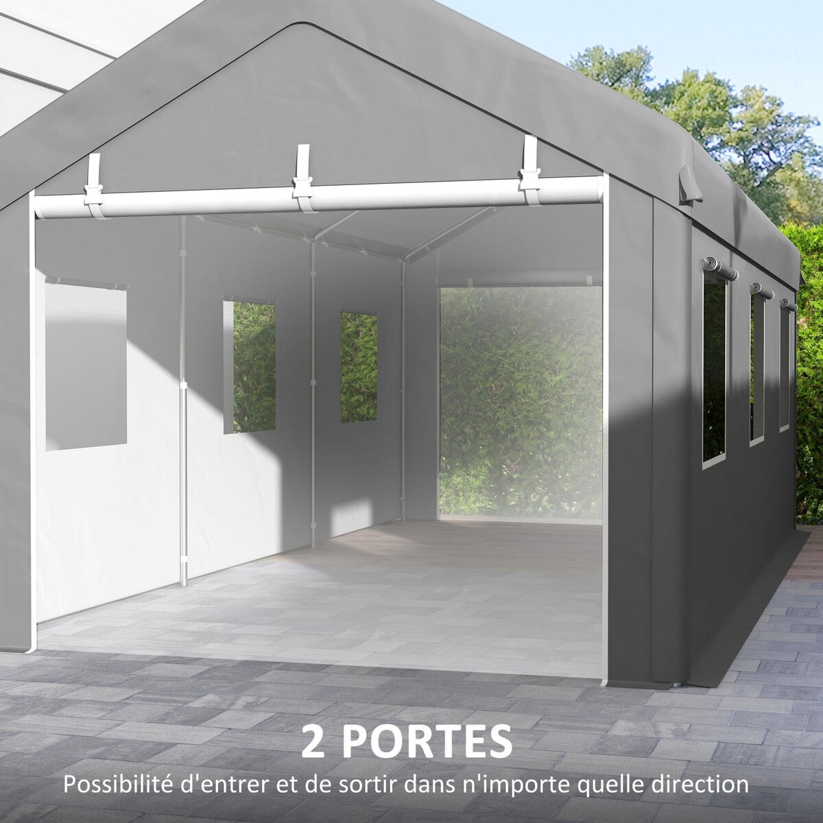 OUTSUNNY Tente garage carport dim. 6L x 2,95l x 2,78H m acier galvanisé PE haute densité 2 portes 6 fenêtres gris