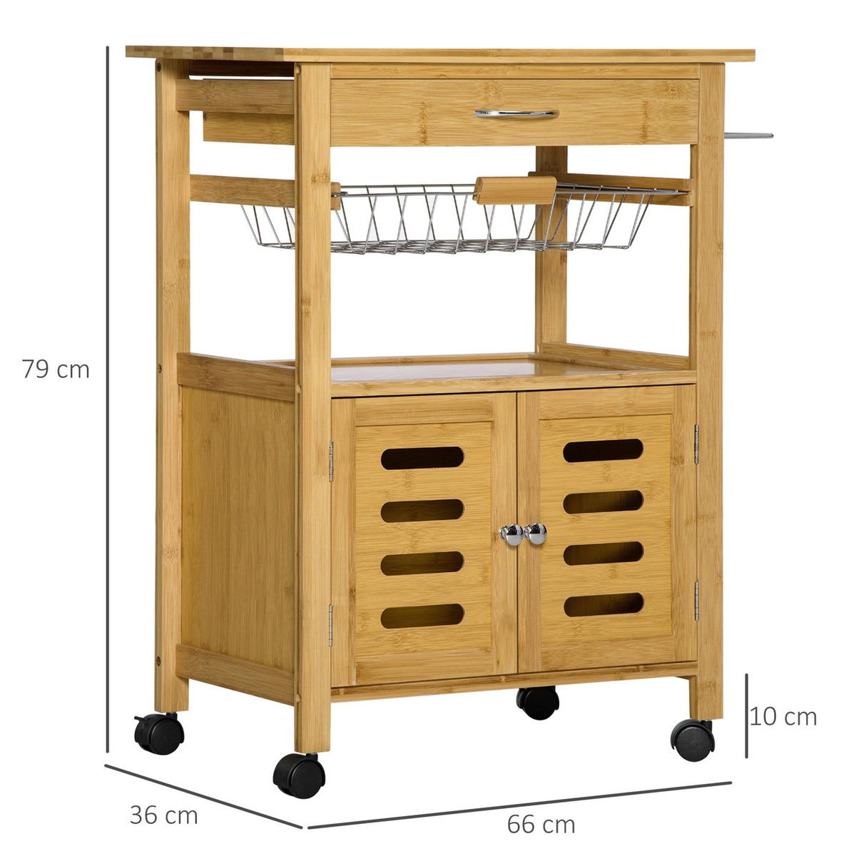 HOMCOM Desserte cuisine sur roulettes chariot de service meuble de rangement avec un tiroir, un panier coulissant, un porte-torchon et armoire en bambou