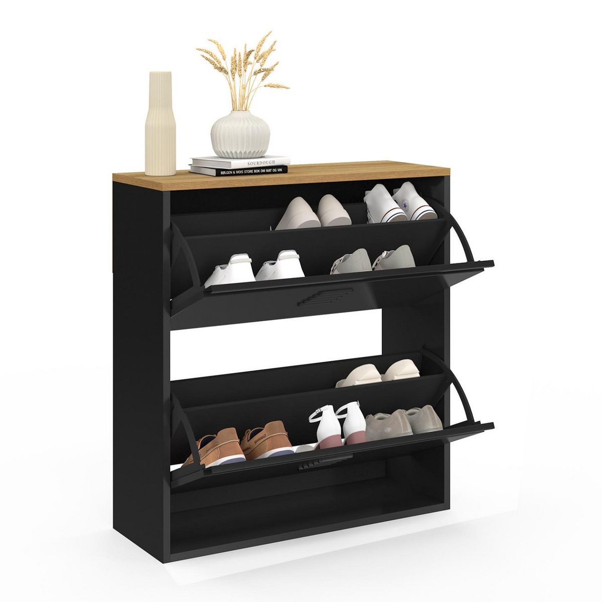 ID MARKET Meuble à chaussures 12 paires ESTER 2 portes métal noir et plateau façon hêtre design industriel