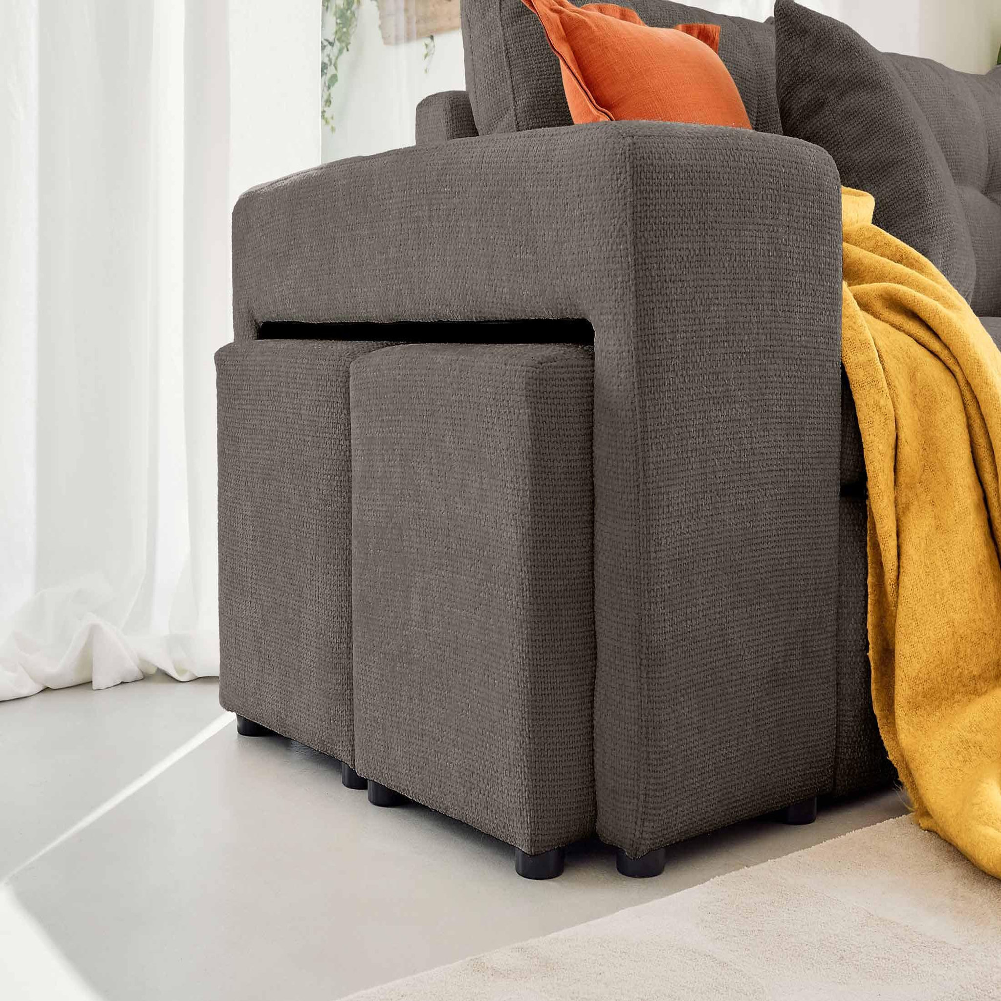 Voir la diapositive 5 : BEST MOBILIER California - canapé d'angle réversible 4 places - convertible avec coffre, étagère et poufs - en velours texturé