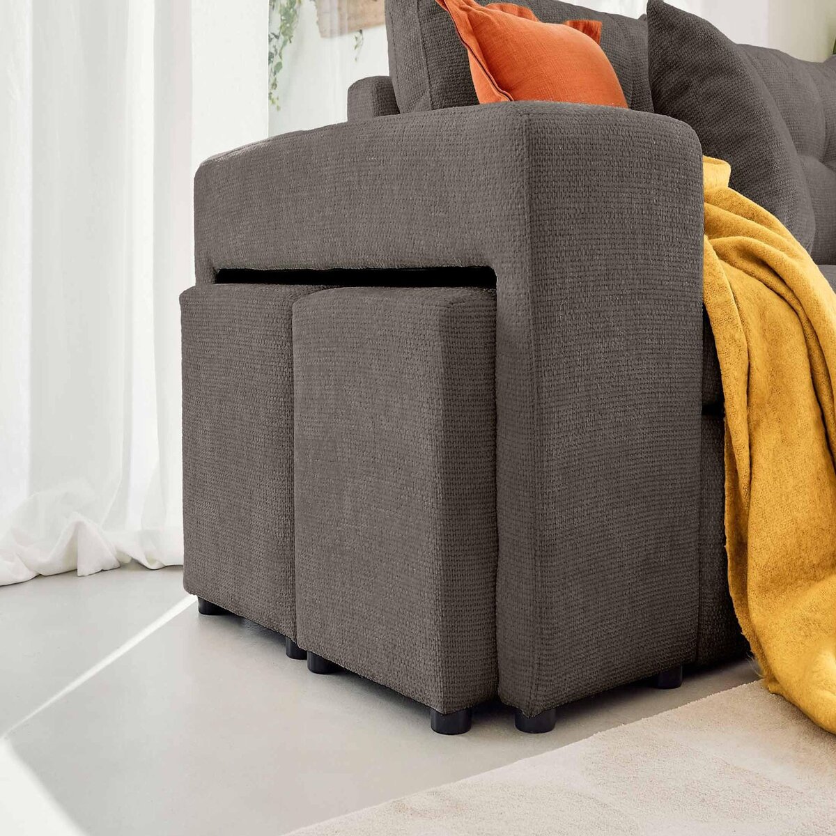 BEST MOBILIER California - canapé d'angle réversible 4 places - convertible avec coffre, étagère et poufs - en velours texturé